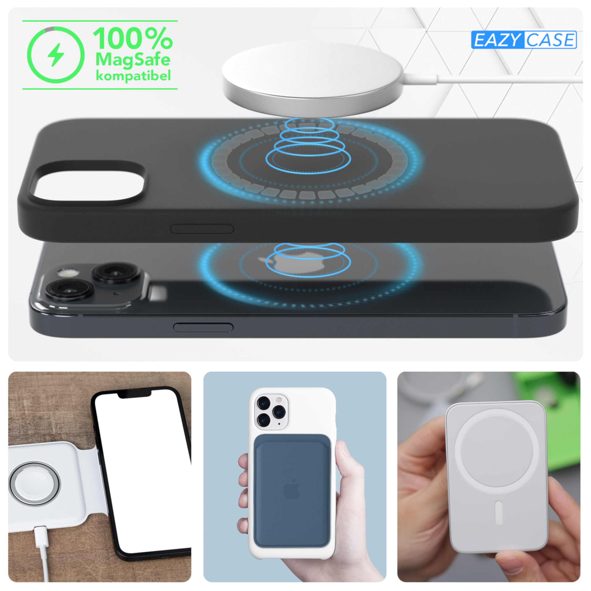 Ein Telefon mit schwarzem Gehäuse, ein kabelloses Ladegerät und ein MagSafe-Ladegerät. Eazy Case Logo.