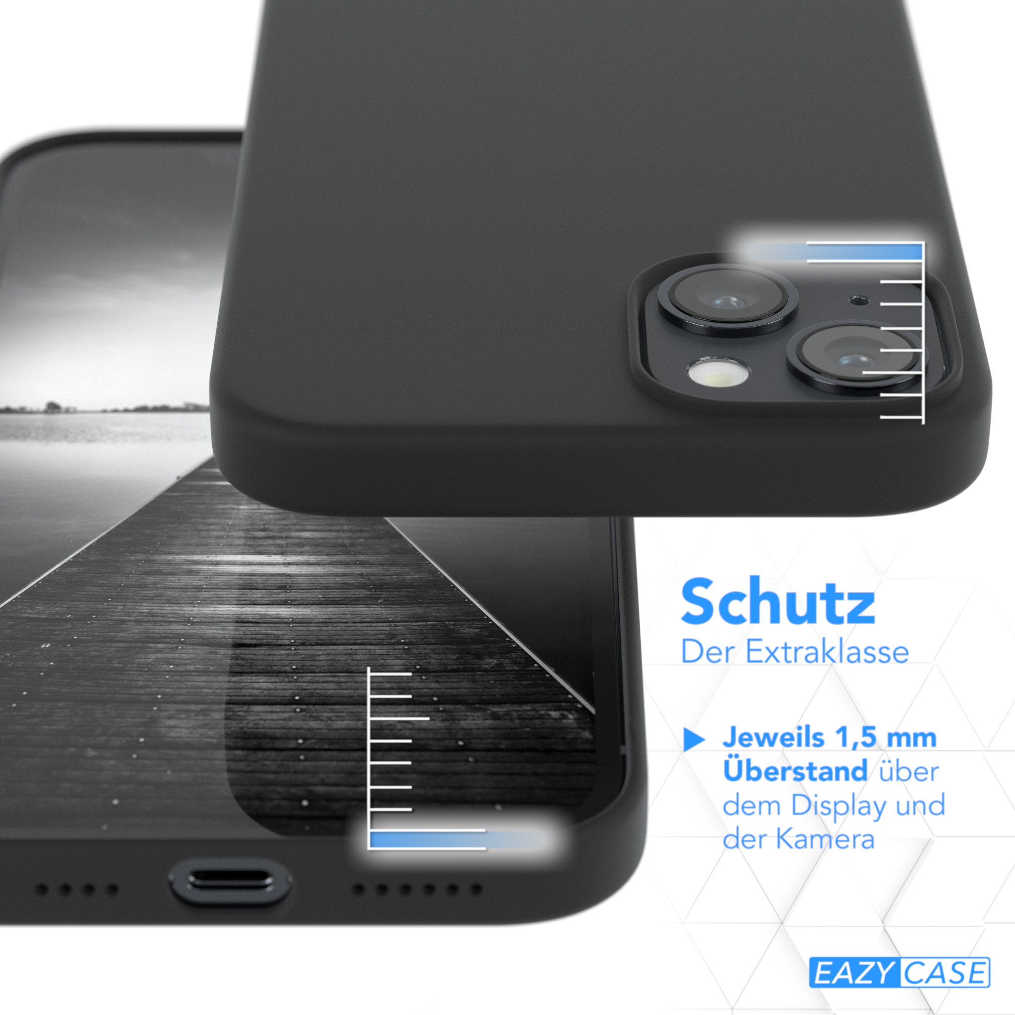Schwarze Handyhülle mit Text über ihre Eigenschaften. Sie schützt ein Telefon.
