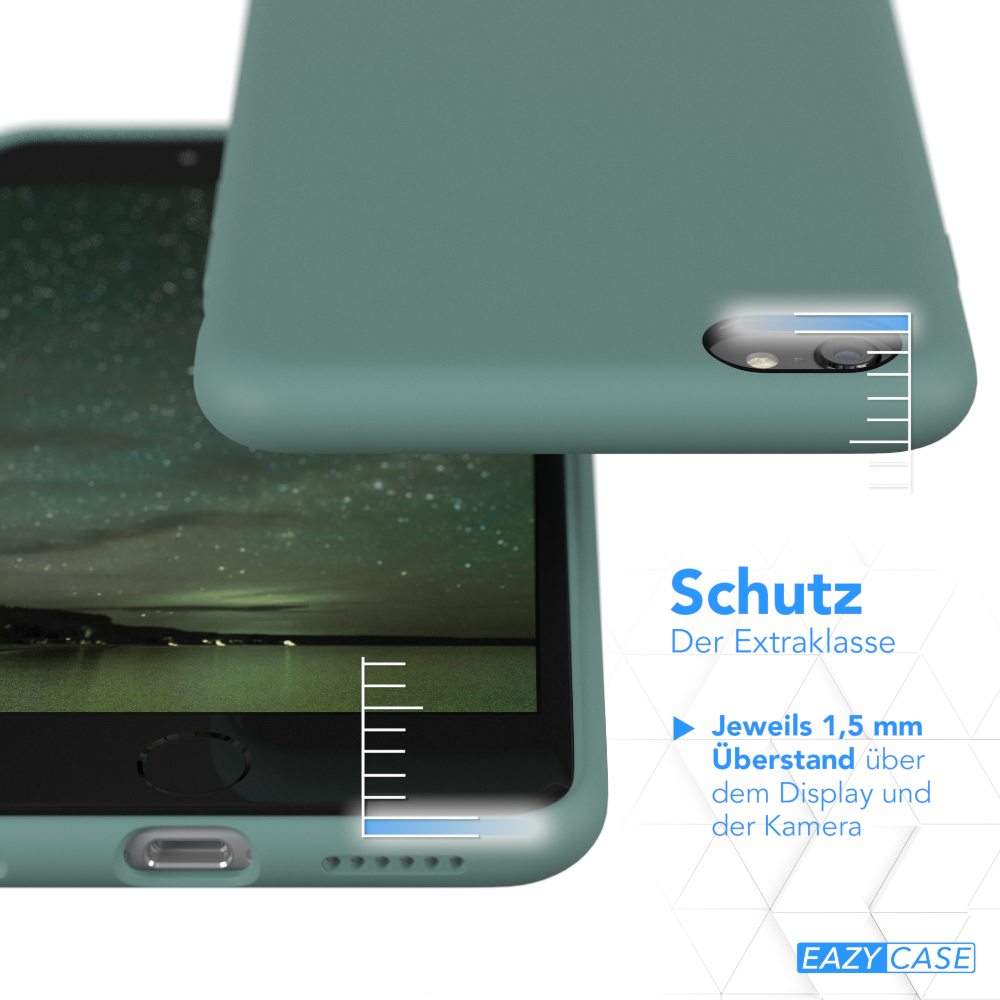 Eine Handyhülle mit Text. Die Hülle ist grün, mit Maßen und Produktinformationen.