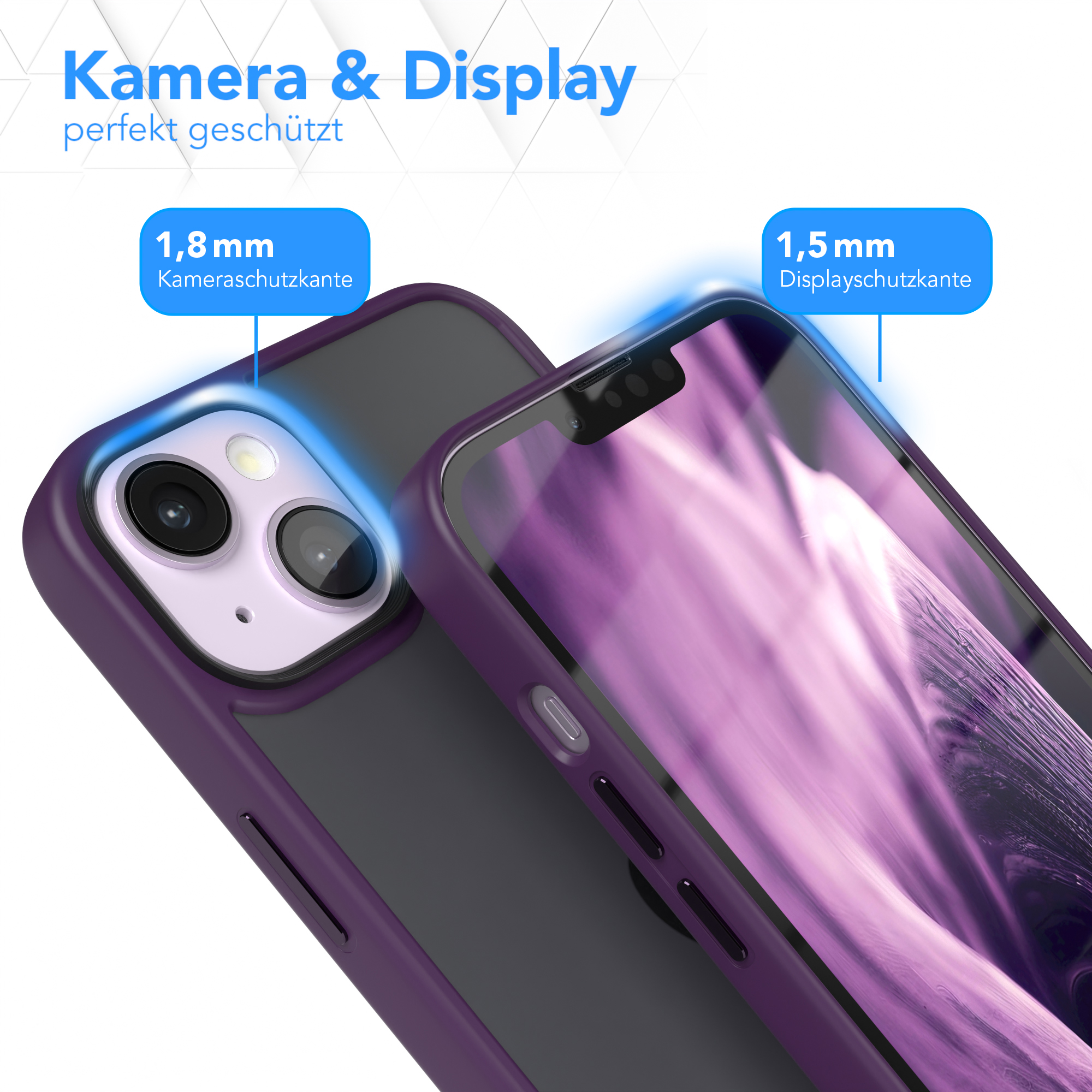 Eine lila Handyhülle schützt Kamera und Bildschirm eines Telefons mit den Maßen 1,8 mm und 1,5 mm.