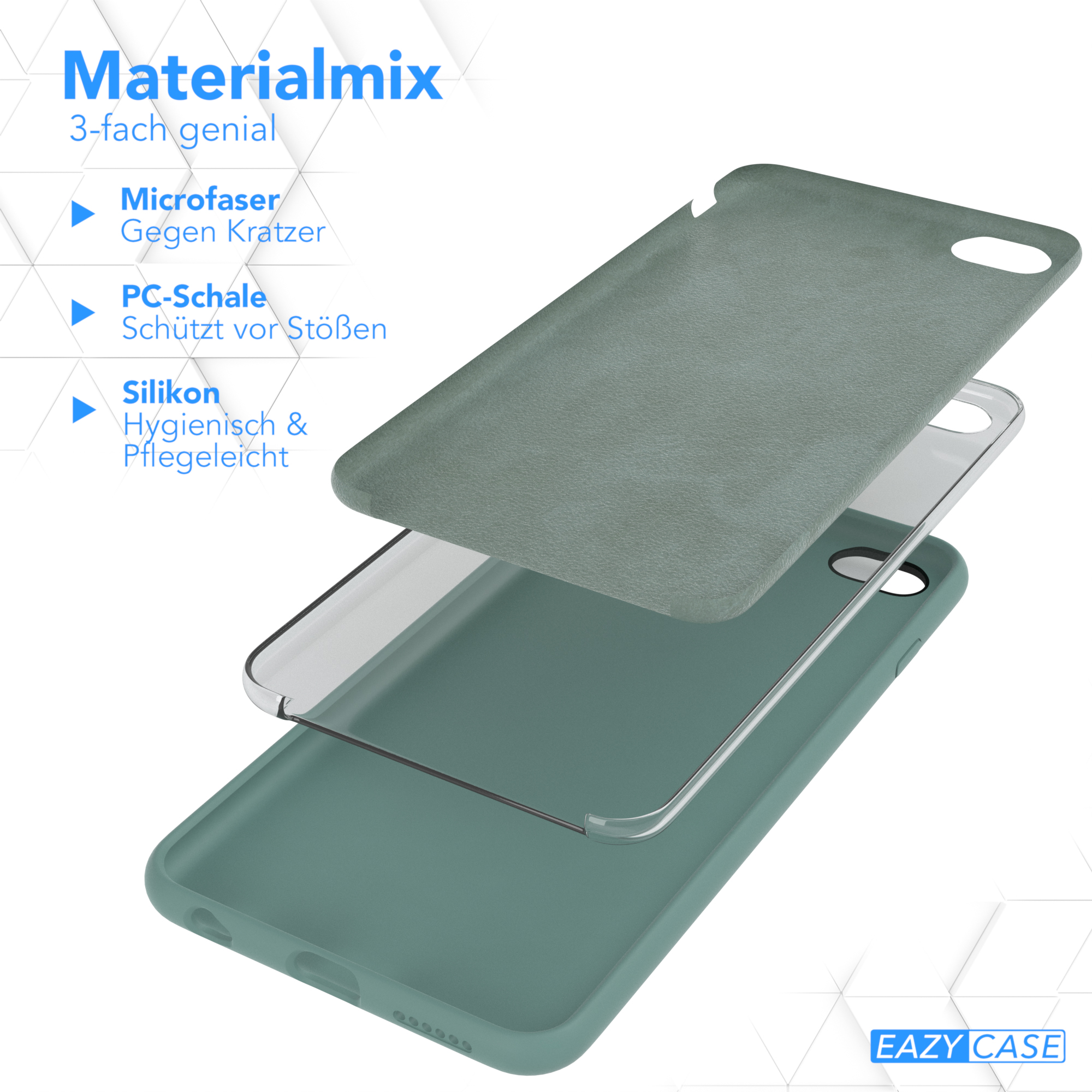 Eine grüne Handyhülle mit den geschichteten Materialien: Mikrofaser, PC-Schale und Silikon. Eazy Case Logo.