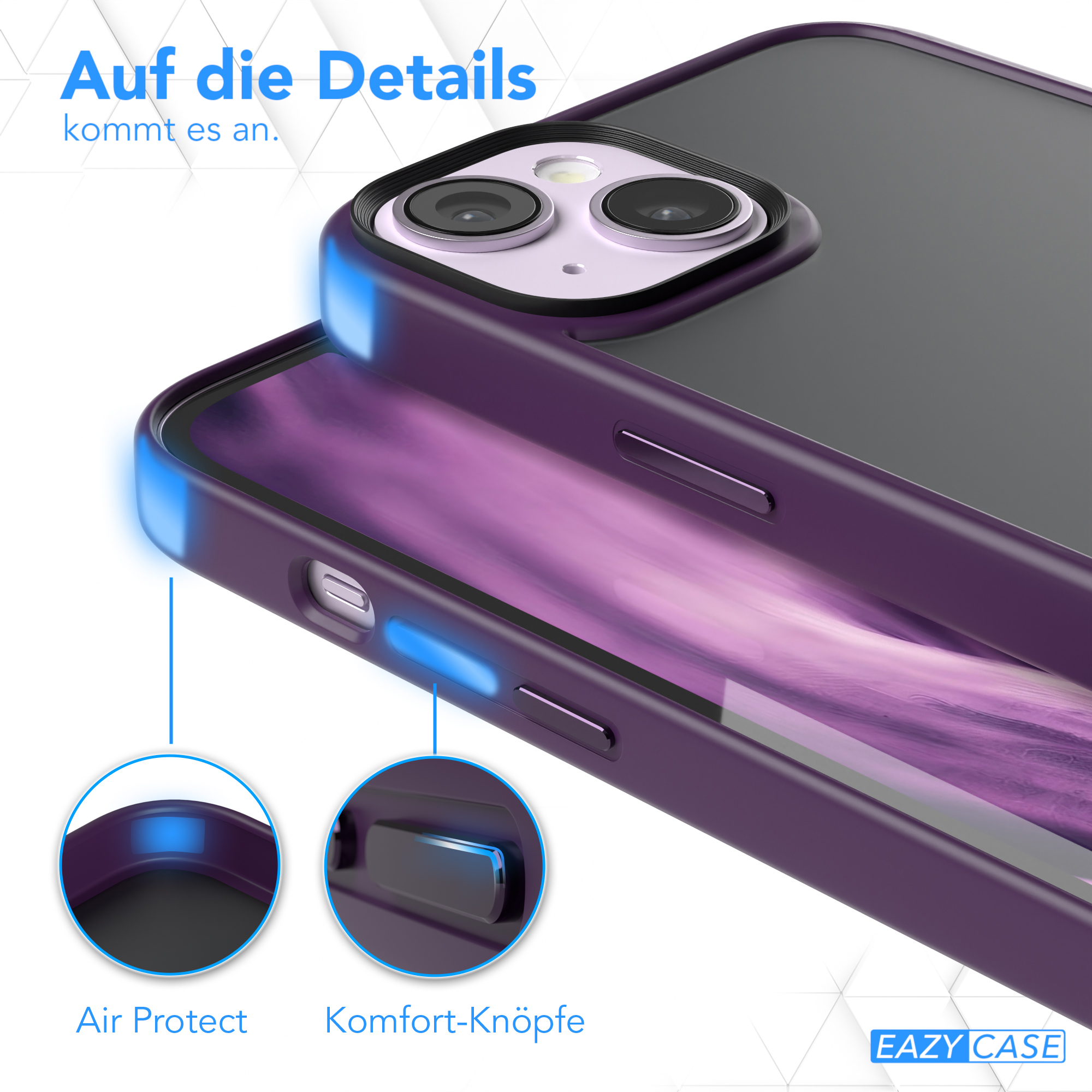 Lila Handyhülle mit Air Protect und Komfort-Tasten hervorgehoben. Eazy Case Logo.