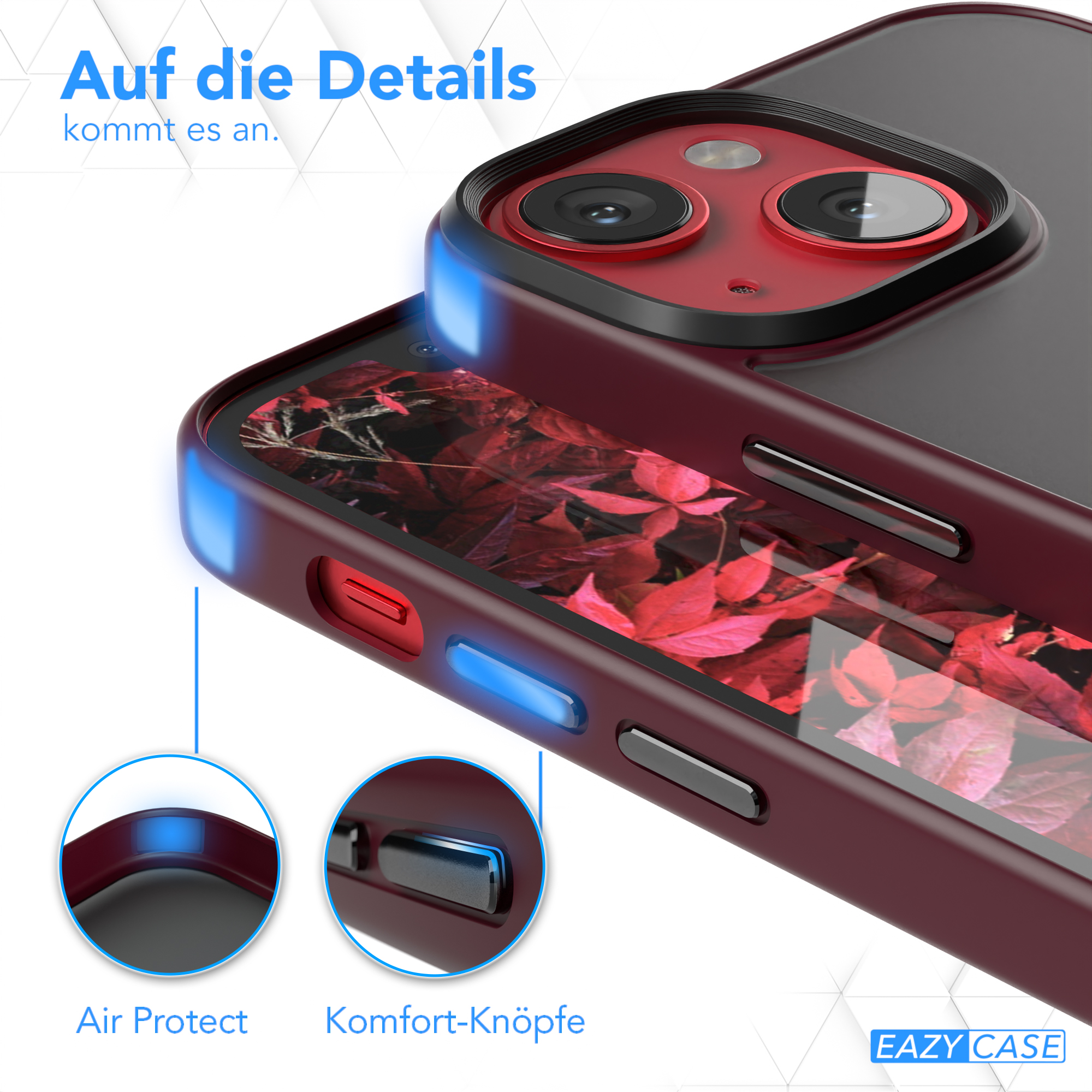 Nahaufnahme einer Handyhülle mit roten Akzenten. Die Hülle hat Schutz, Luftschutz und Komforttasten.