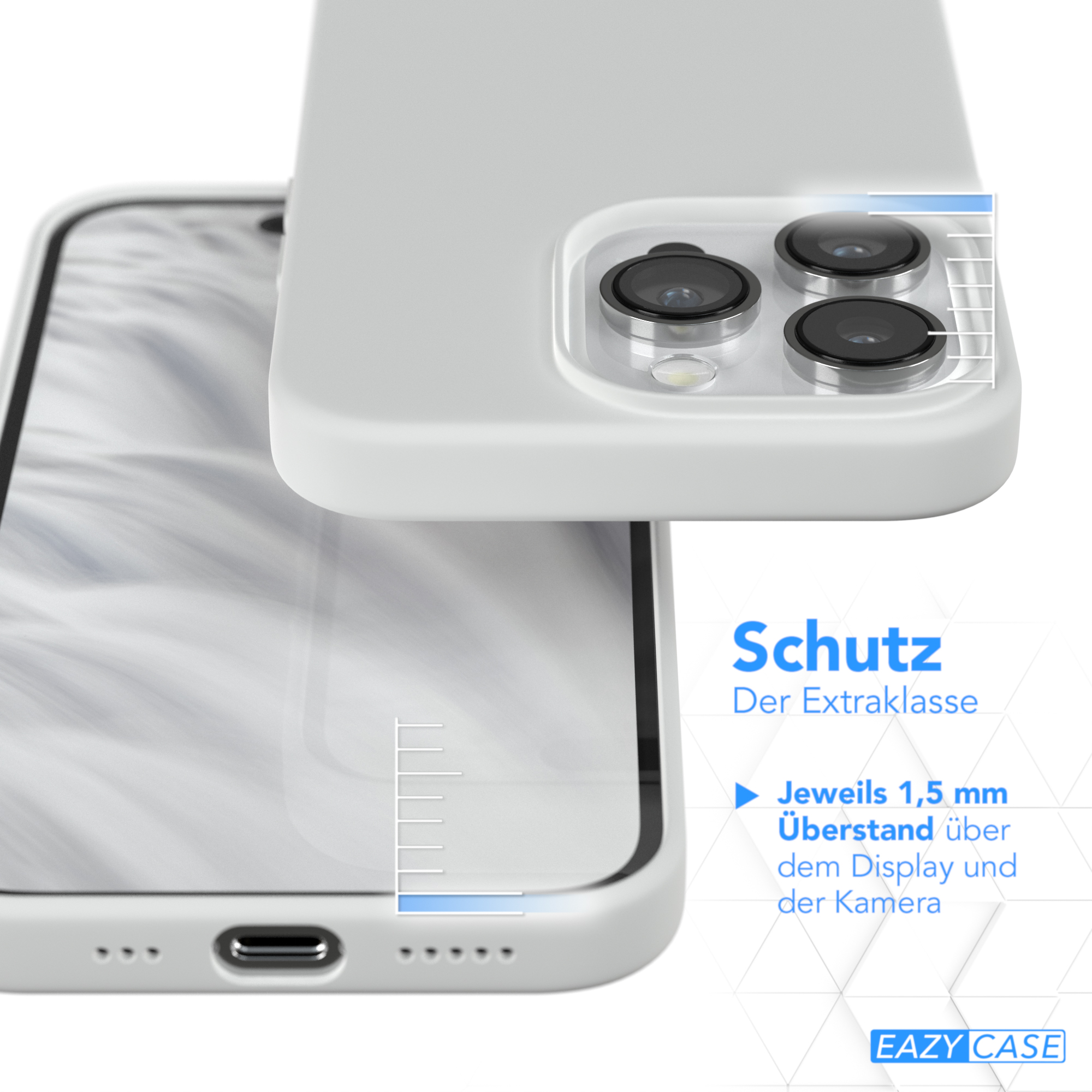 Weißes Handycase mit Kameraausschnitten, Text über Schutz und teilweise sichtbarem Telefon.