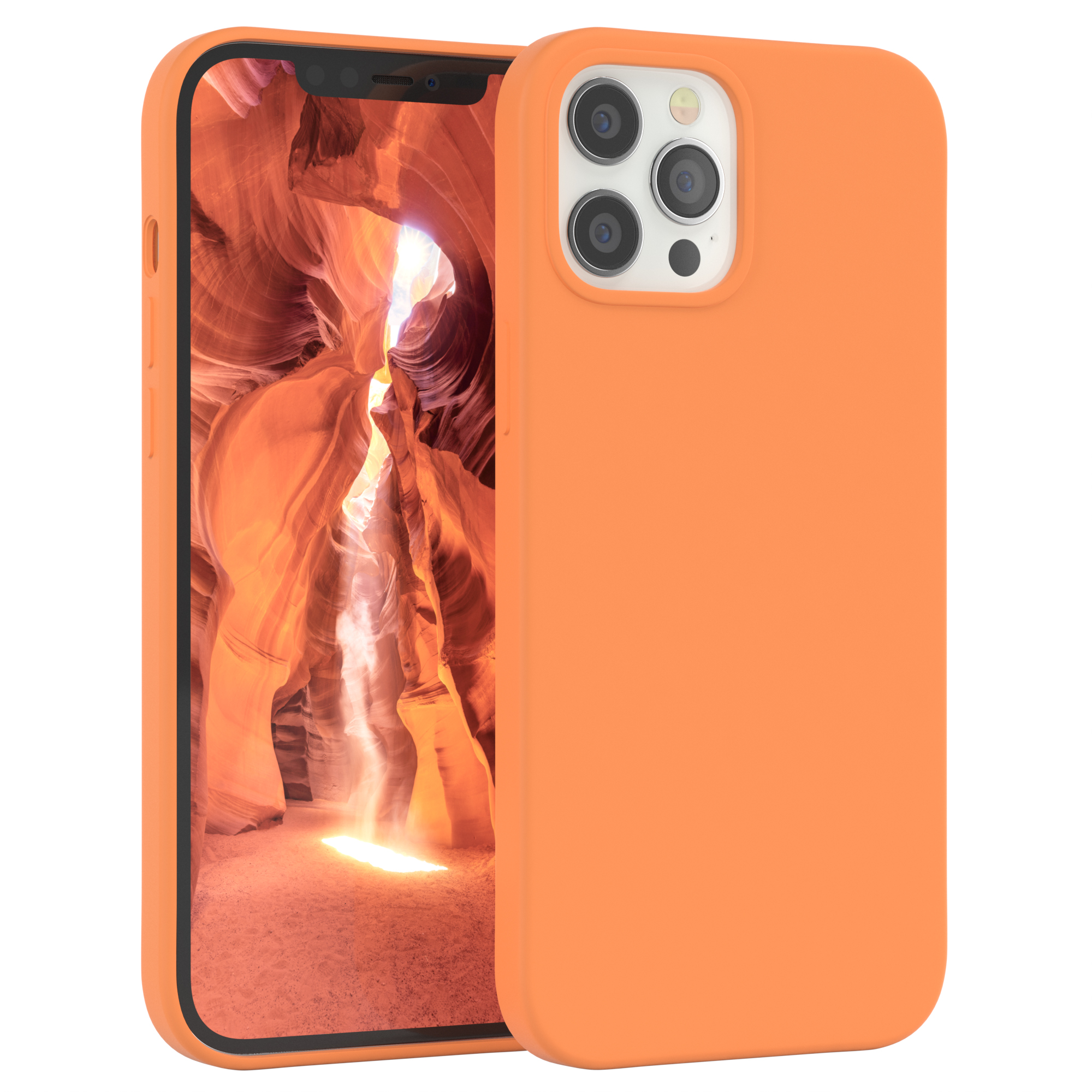 Orangefarbene Handyhülle mit einem Telefon darin.
