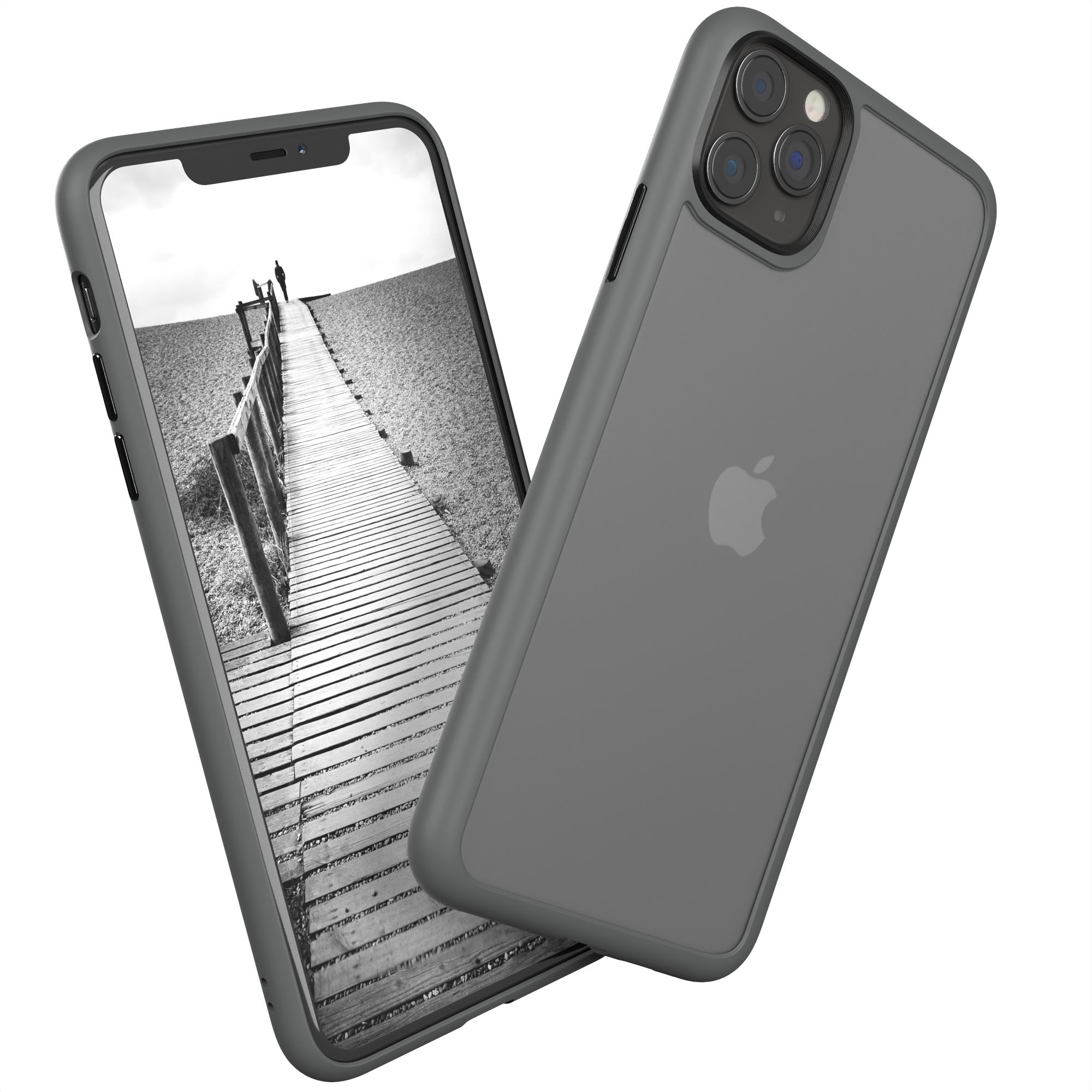 Graues Telefon mit Hülle, zeigt eine schwarz-weiße Stegszene. Die Hülle ist grau.