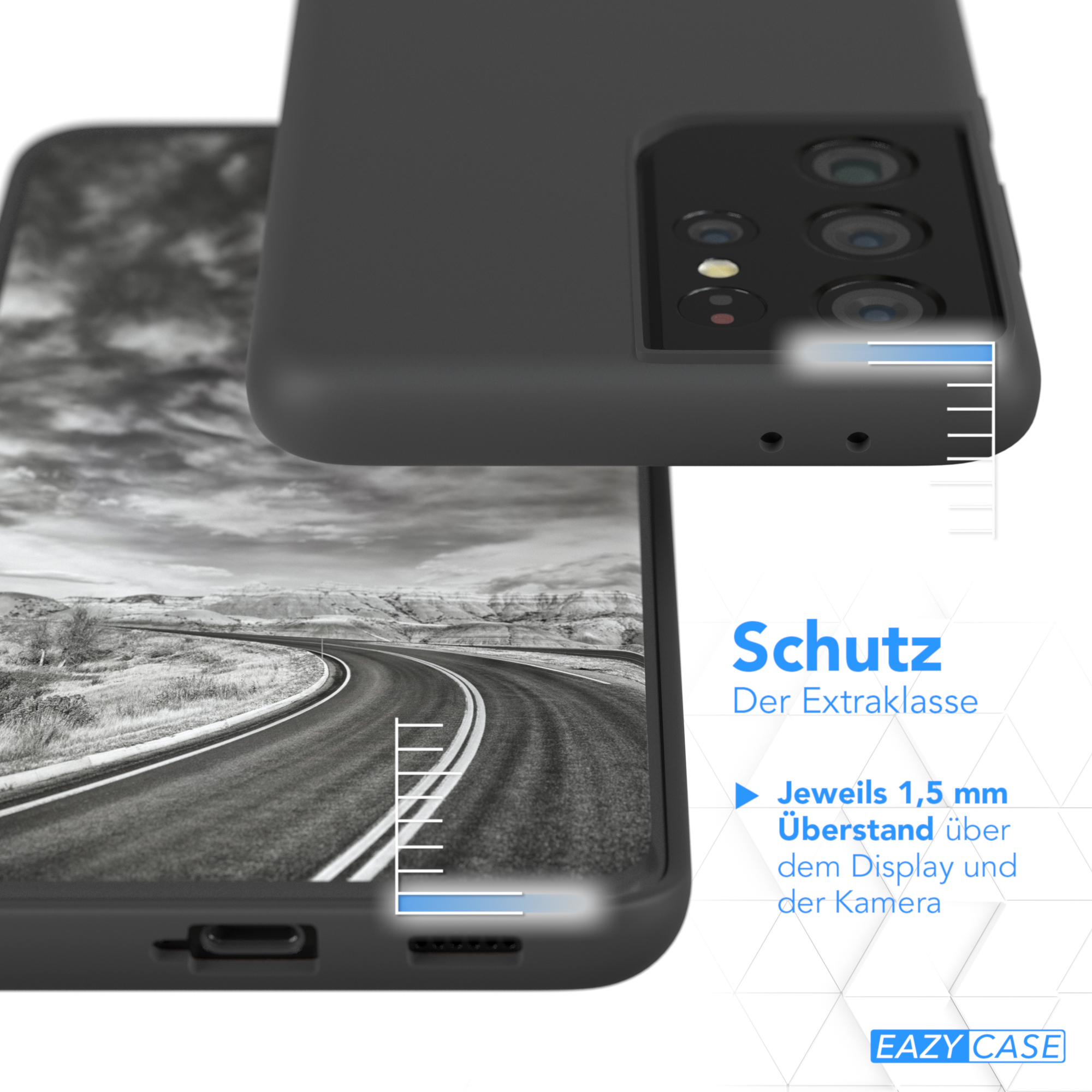 Schwarze Handyhülle mit einem schwarzen Telefon darin. Der Hintergrund ist eine Straße in einem Schwarz-Weiß-Bild.
