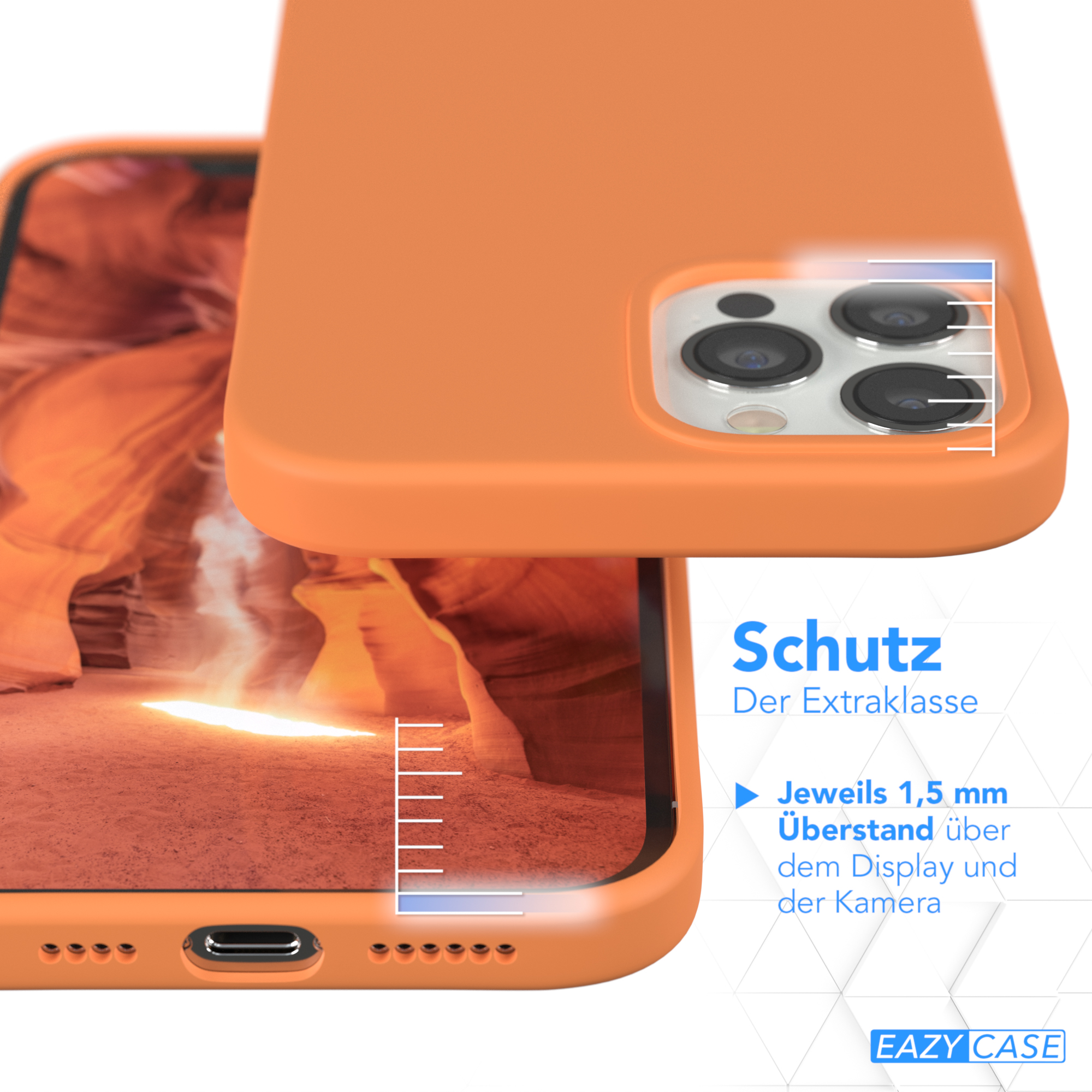Orangene Handyhülle mit Bild. Eine weitere Hülle ist darüber. Text über den Schutz.