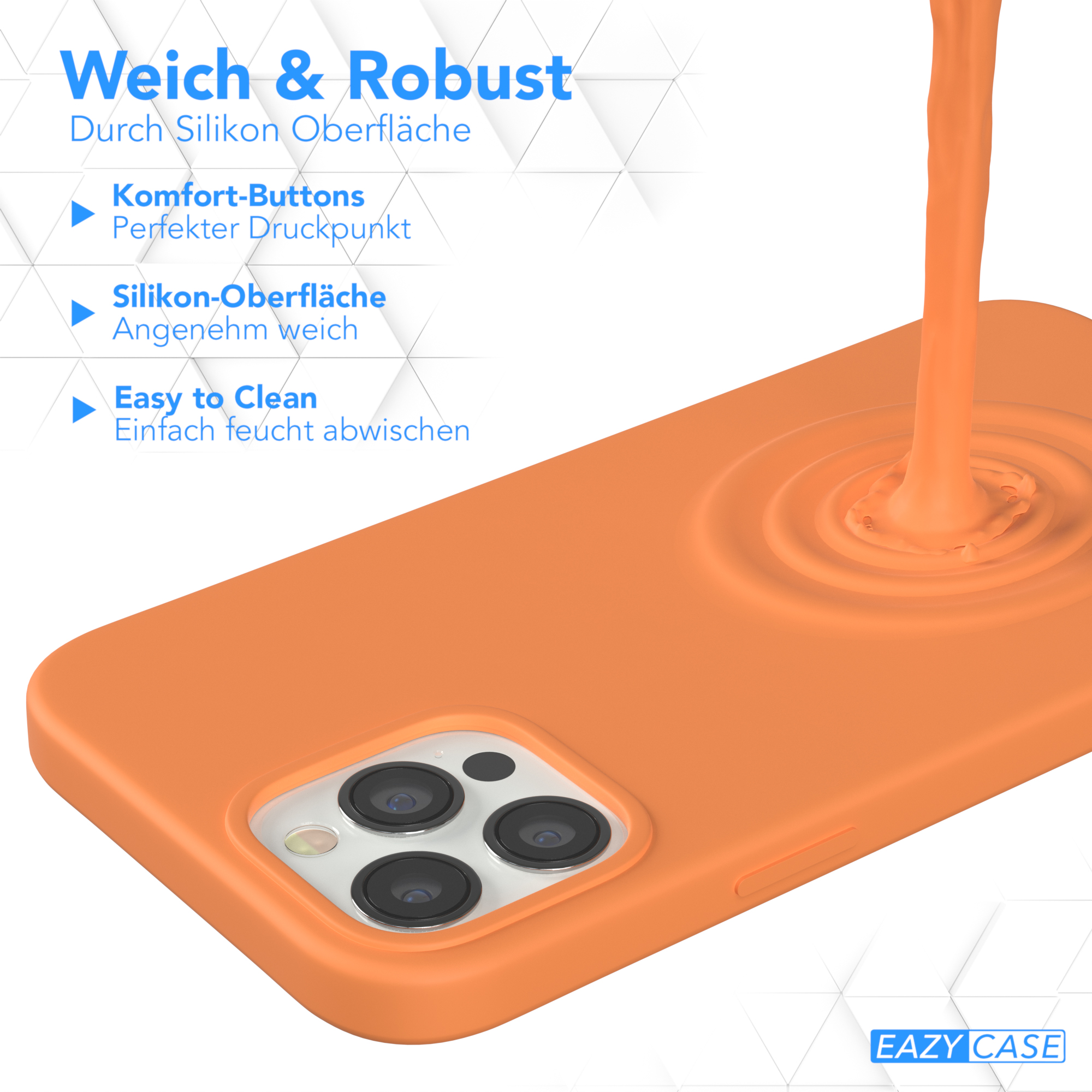 Orangefarbene Handyhülle mit Funktionssymbolen und Text: Weich & Robust, Komfort-Buttons, Silikon-Oberfläche, Easy to Clean. Orange Flüssigkeit.