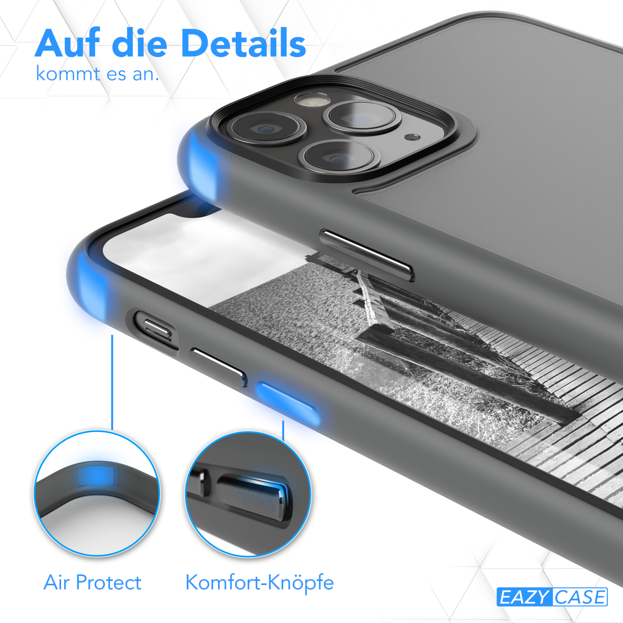 Nahaufnahme der Handyhülle mit Air Protect und Komfort-Knöpfen.