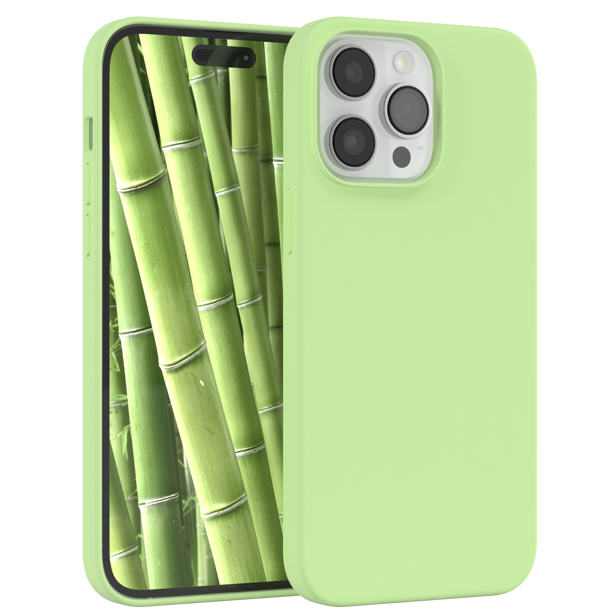 Grüne Handyhülle mit Telefon. Telefon zeigt Bambuswald. Grünes Case und schwarzer Rahmen.