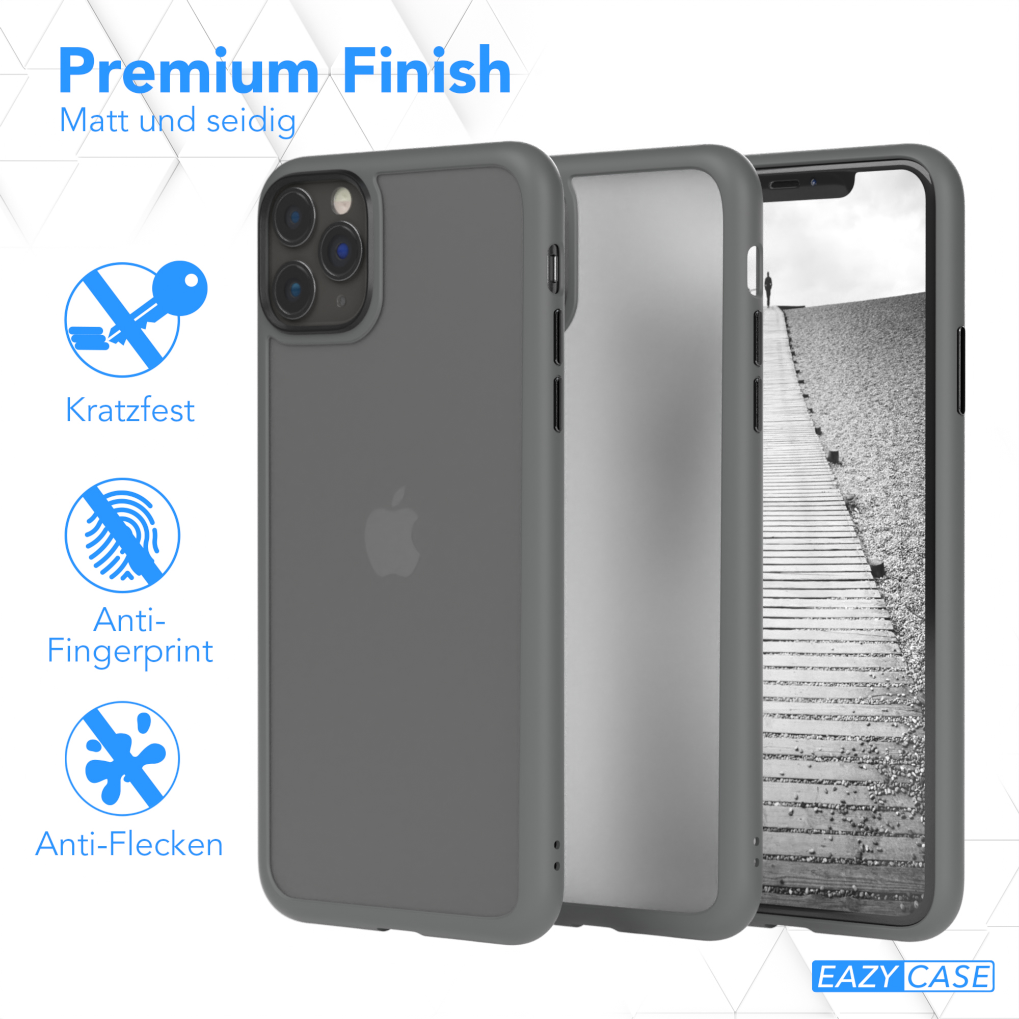 Drei Handyhüllen. Eine befindet sich auf einem Telefon mit einem Bergmotiv. Die anderen beiden liegen daneben.