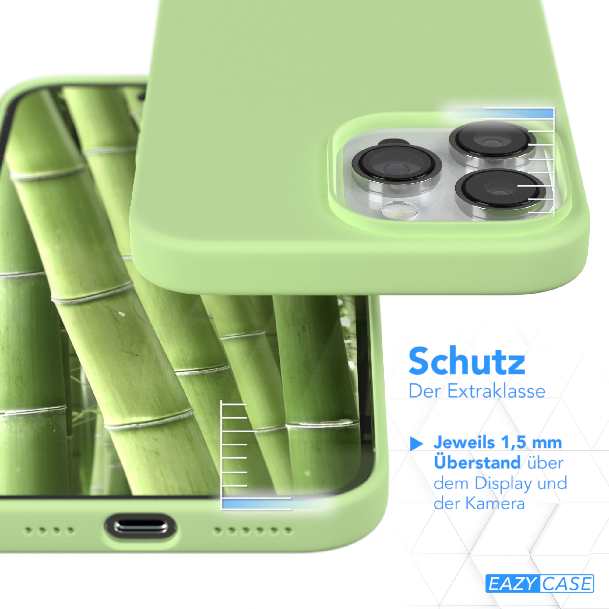 Grüne Handyhülle auf einem Handy mit Bambushintergrund.