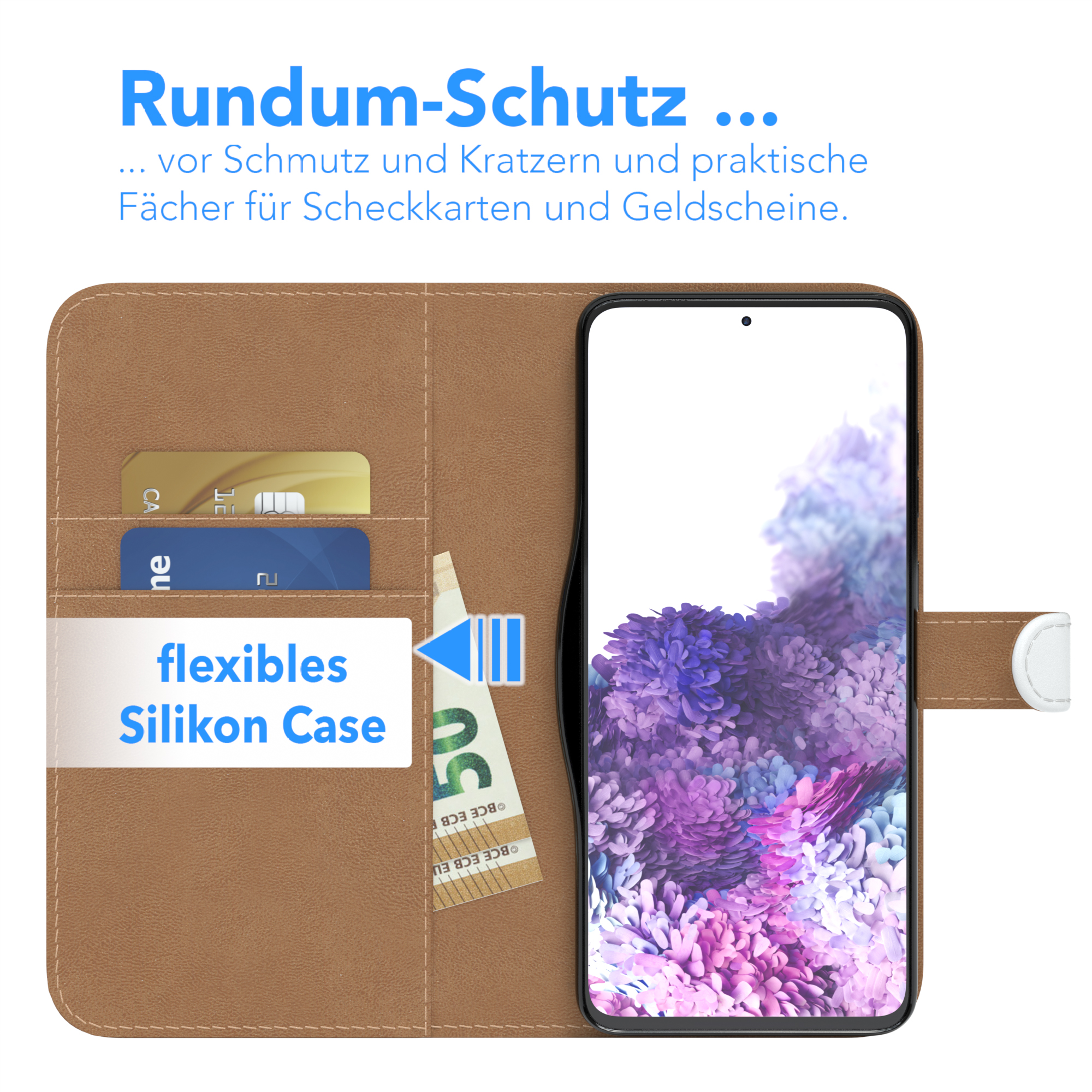 Eine Handyhülle mit Karten und Geld. Sie ist braun und geöffnet.