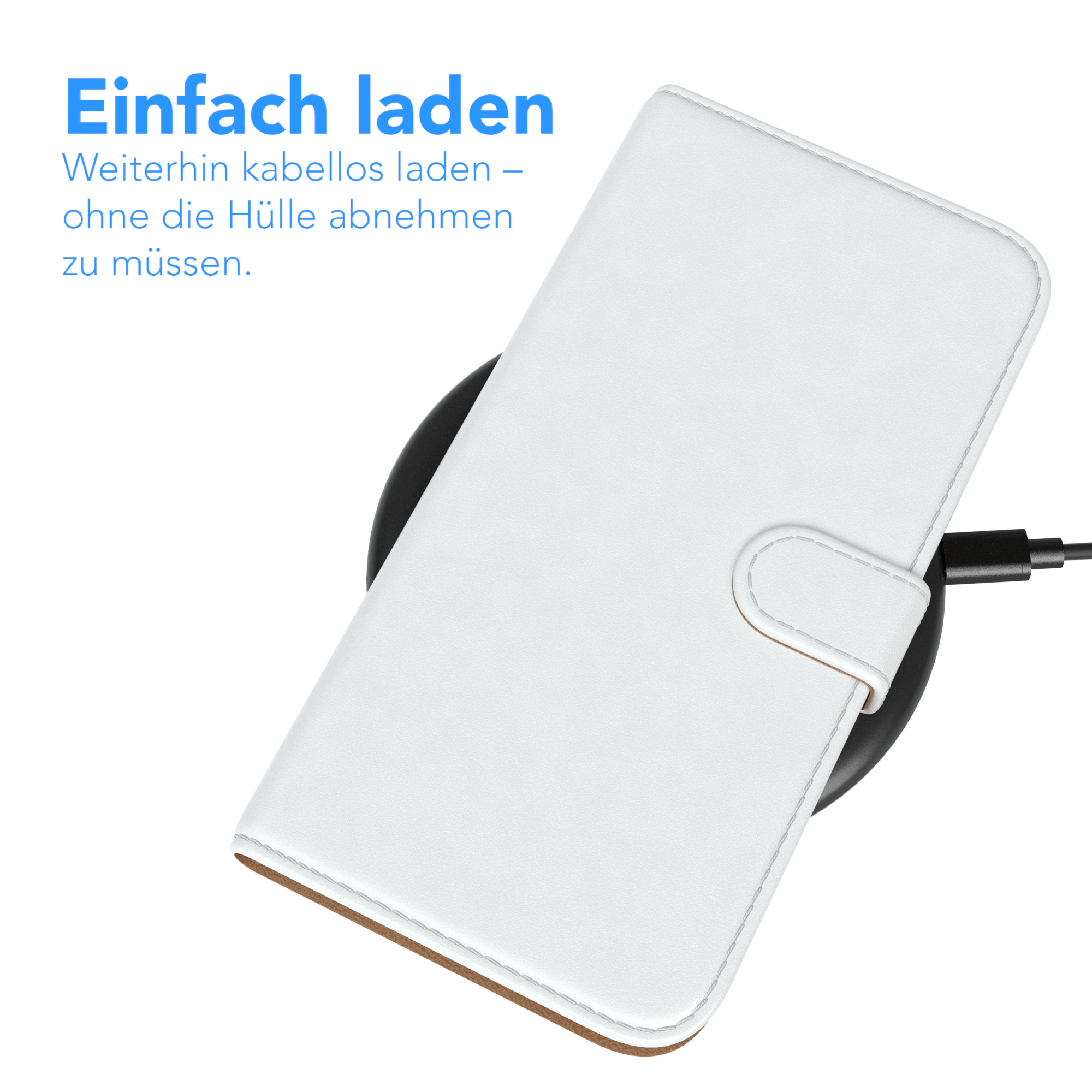 Weiße Handyhülle auf einem kabellosen Ladegerät. Die Hülle ist offen, das Telefon ist nicht sichtbar.