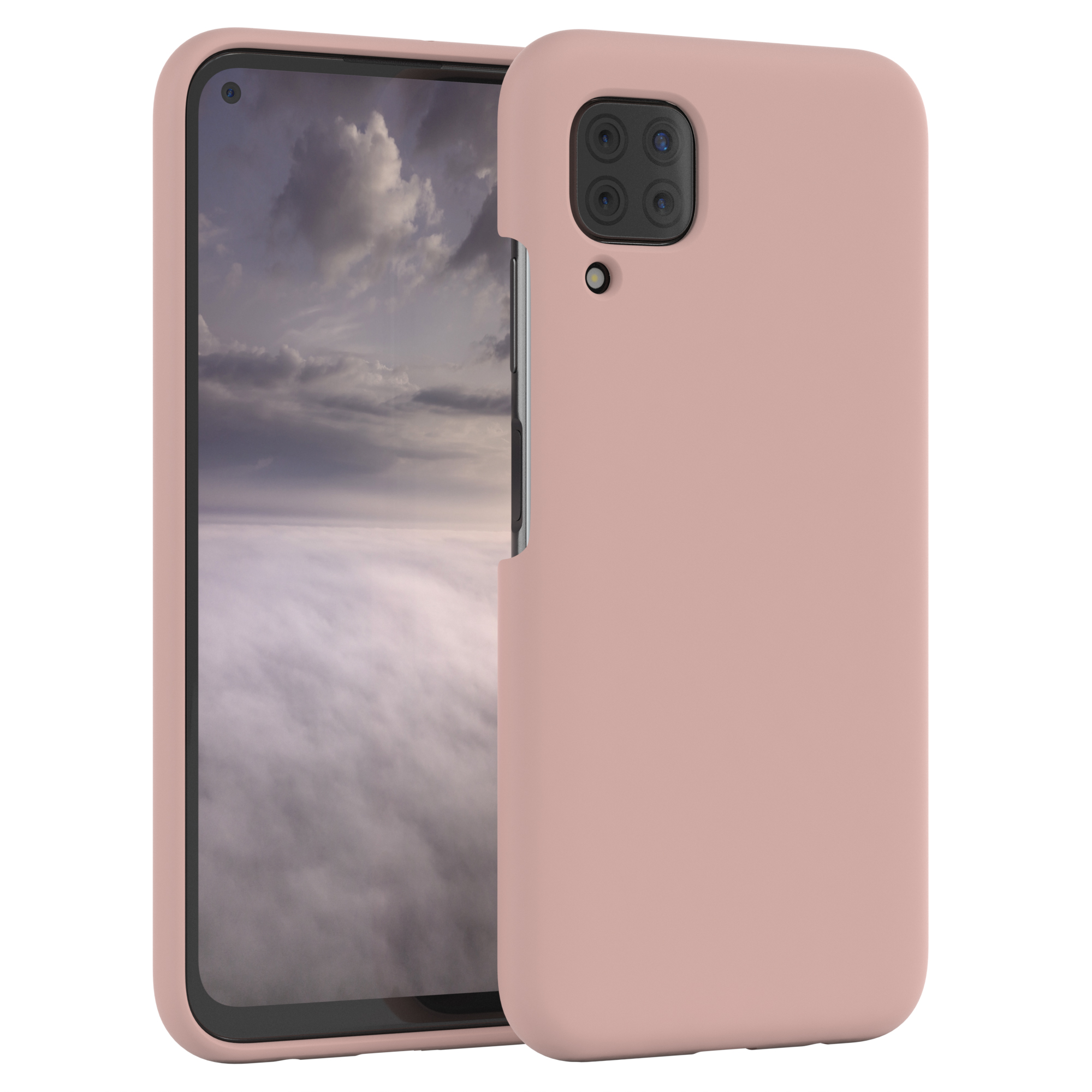 Rosa Handyhülle mit einem Telefon, das einen bewölkten Himmel zeigt.