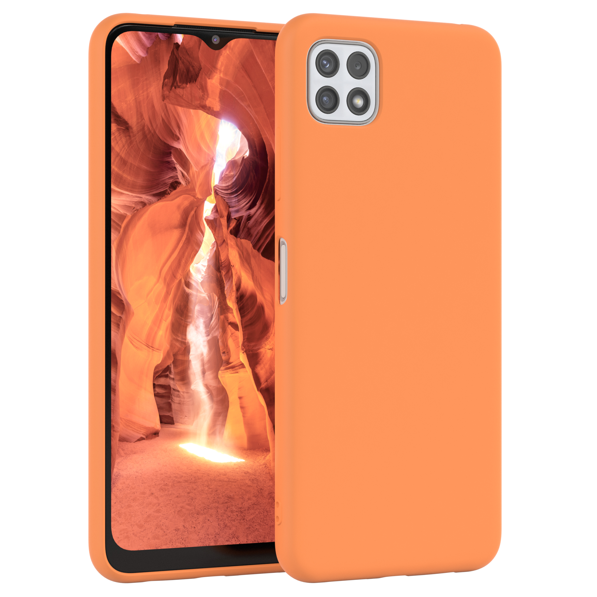 Oranges Telefon in einer orangenen Hülle. Der Bildschirm zeigt Canyon-Szene.