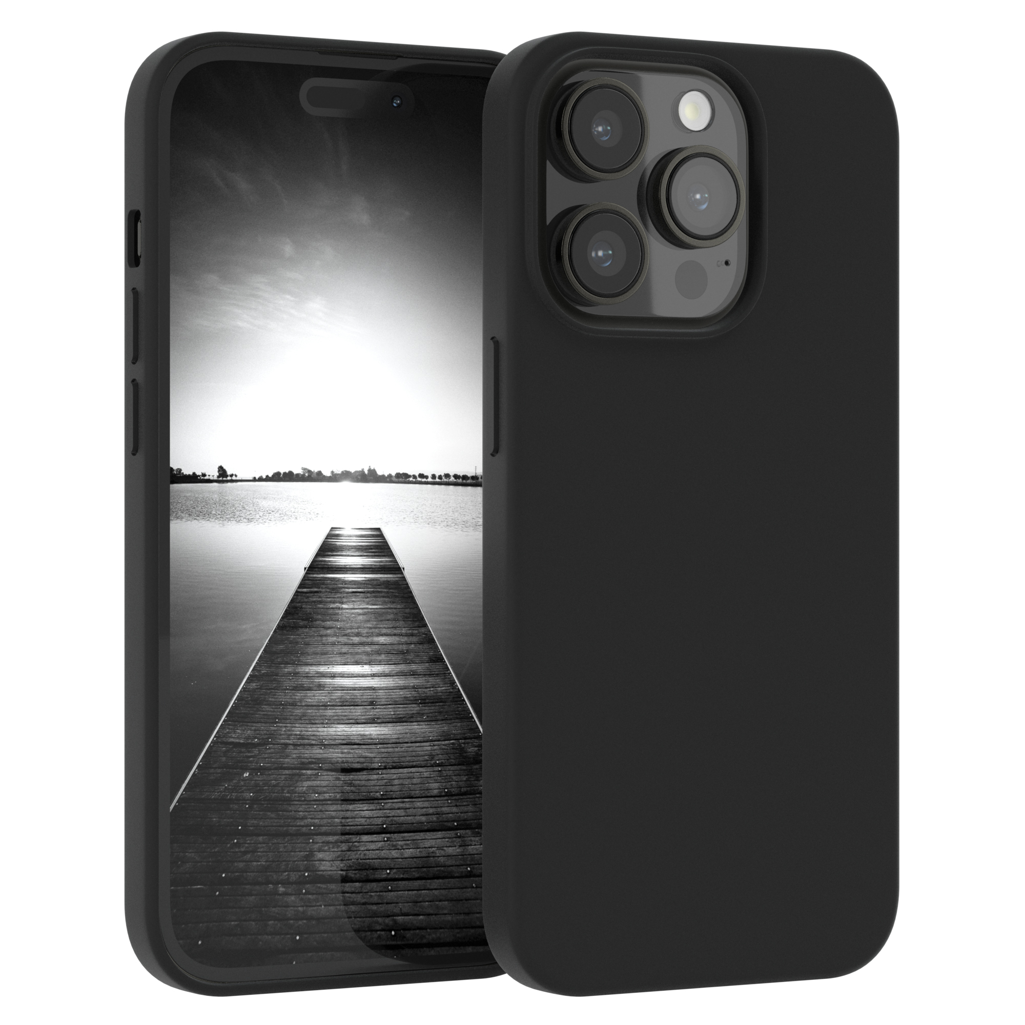 Schwarze Handyhülle mit Schwarzweiß-Hintergrund. Telefon in der Hülle.