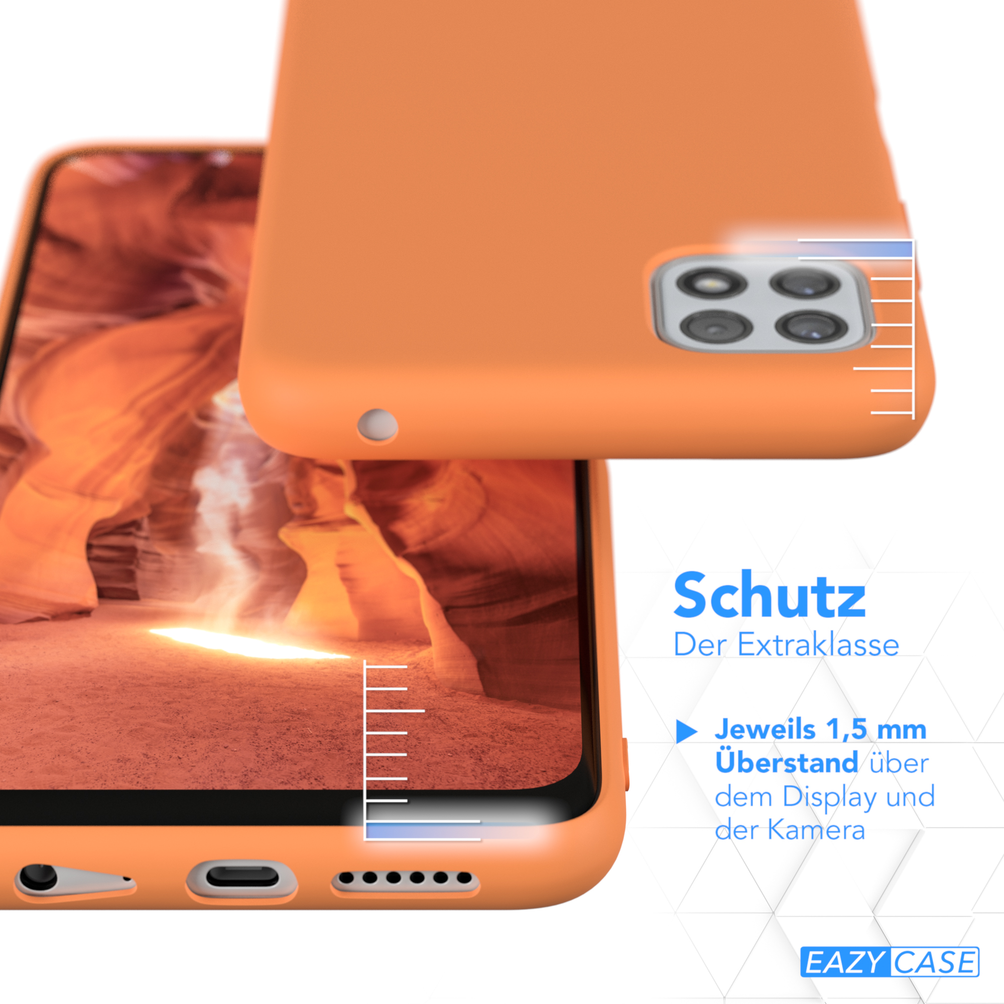 Orangene Handyhülle, die Schutz zeigt. Die Hülle hat einen 1,5 mm Überlappung über Display und Kamera.