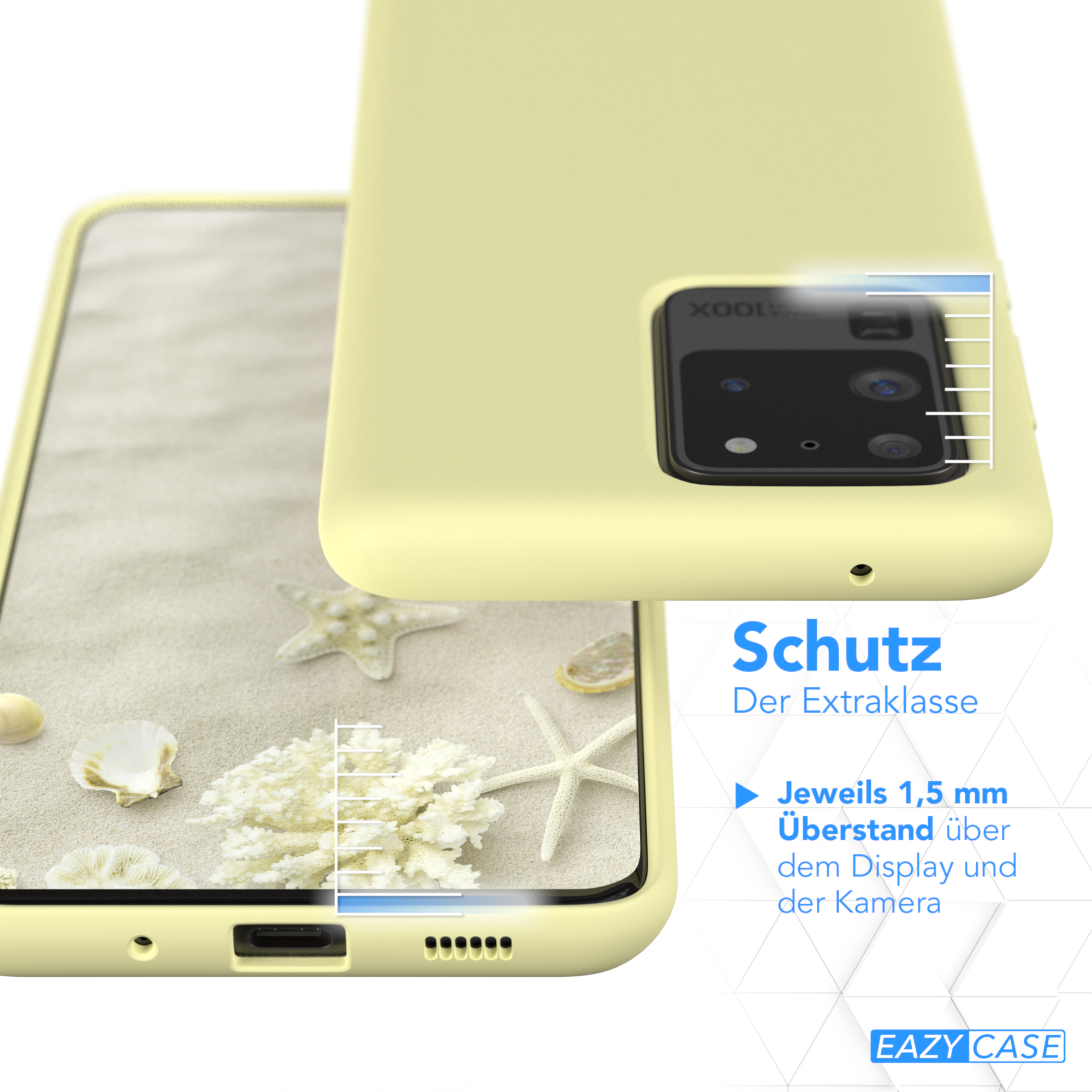 Gelbe Handyhülle mit Telefon. Schutz: 1,5 mm über Display und Kamera. Muscheln im Blick.