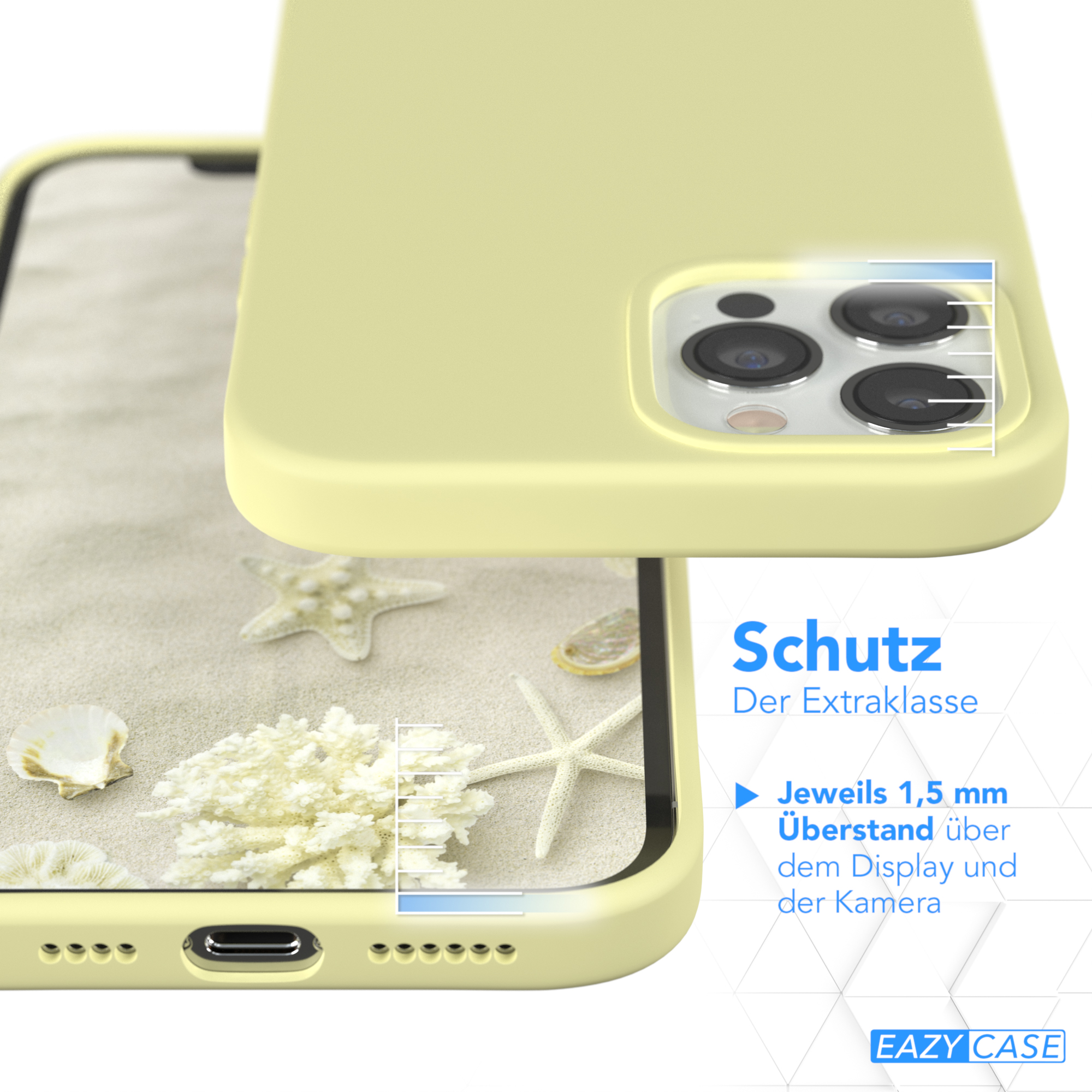 Eine gelbe Handyhülle mit einer Strandszene. Die Hülle schützt Kamera und Bildschirm.