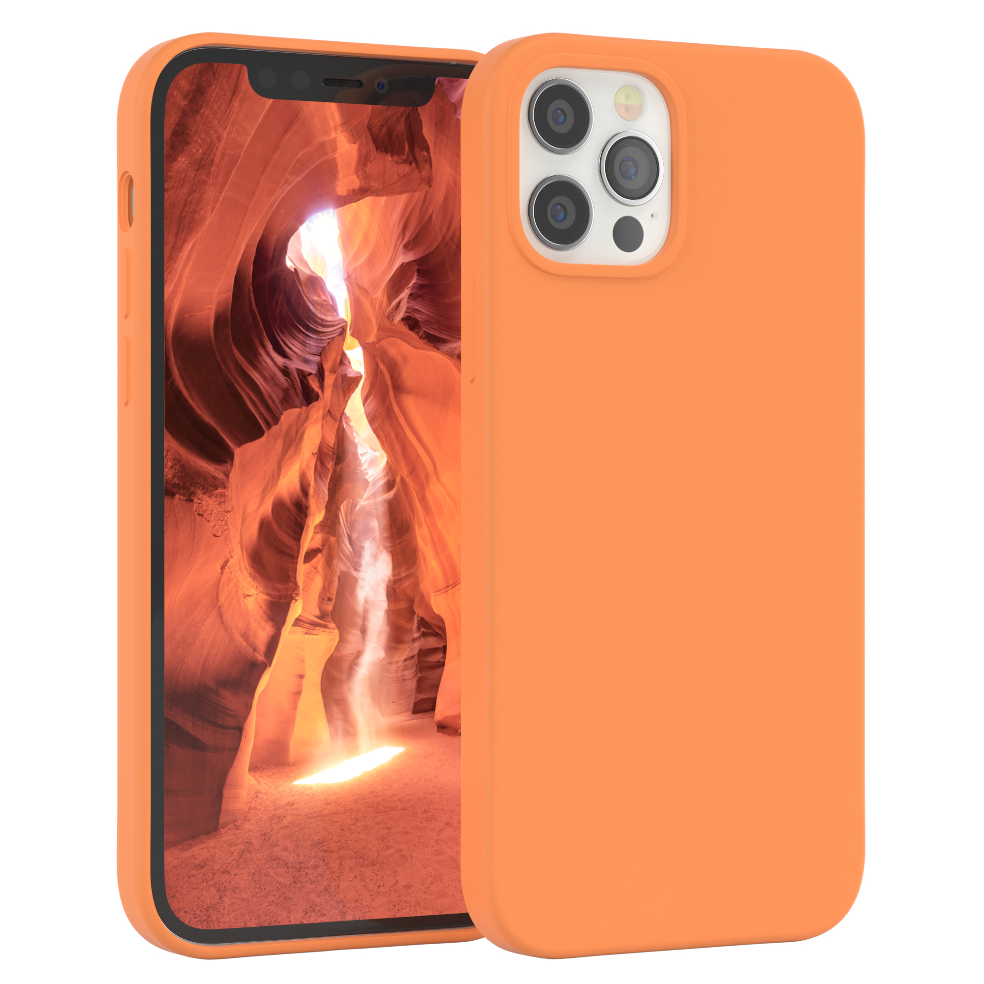 Orangefarbene Handyhülle auf einem Handy mit Canyon-Hintergrund. Ansicht der rechten Seite.