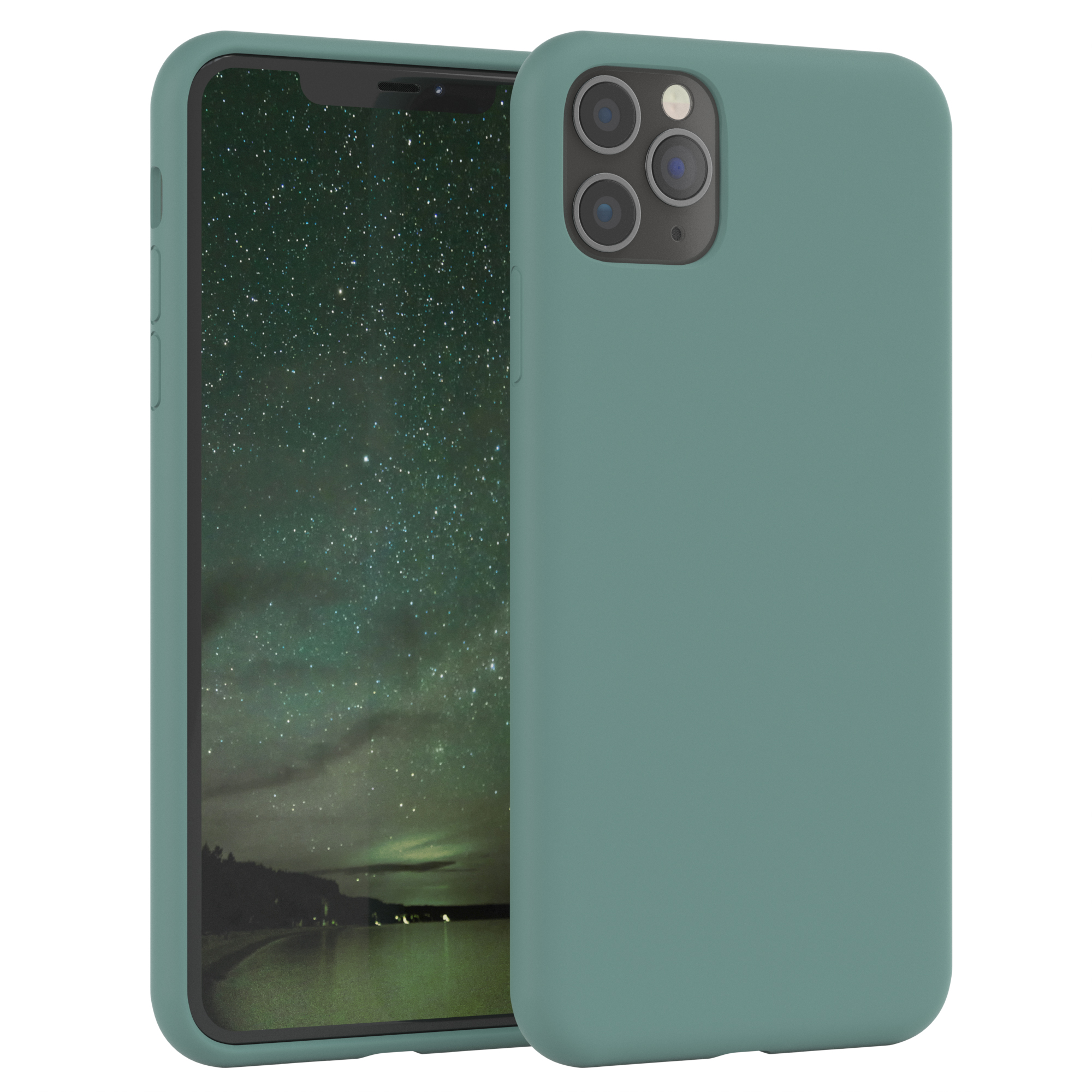 Grüne Handyhülle mit einem Telefon darin. Das Telefon zeigt eine grüne Landschaft.