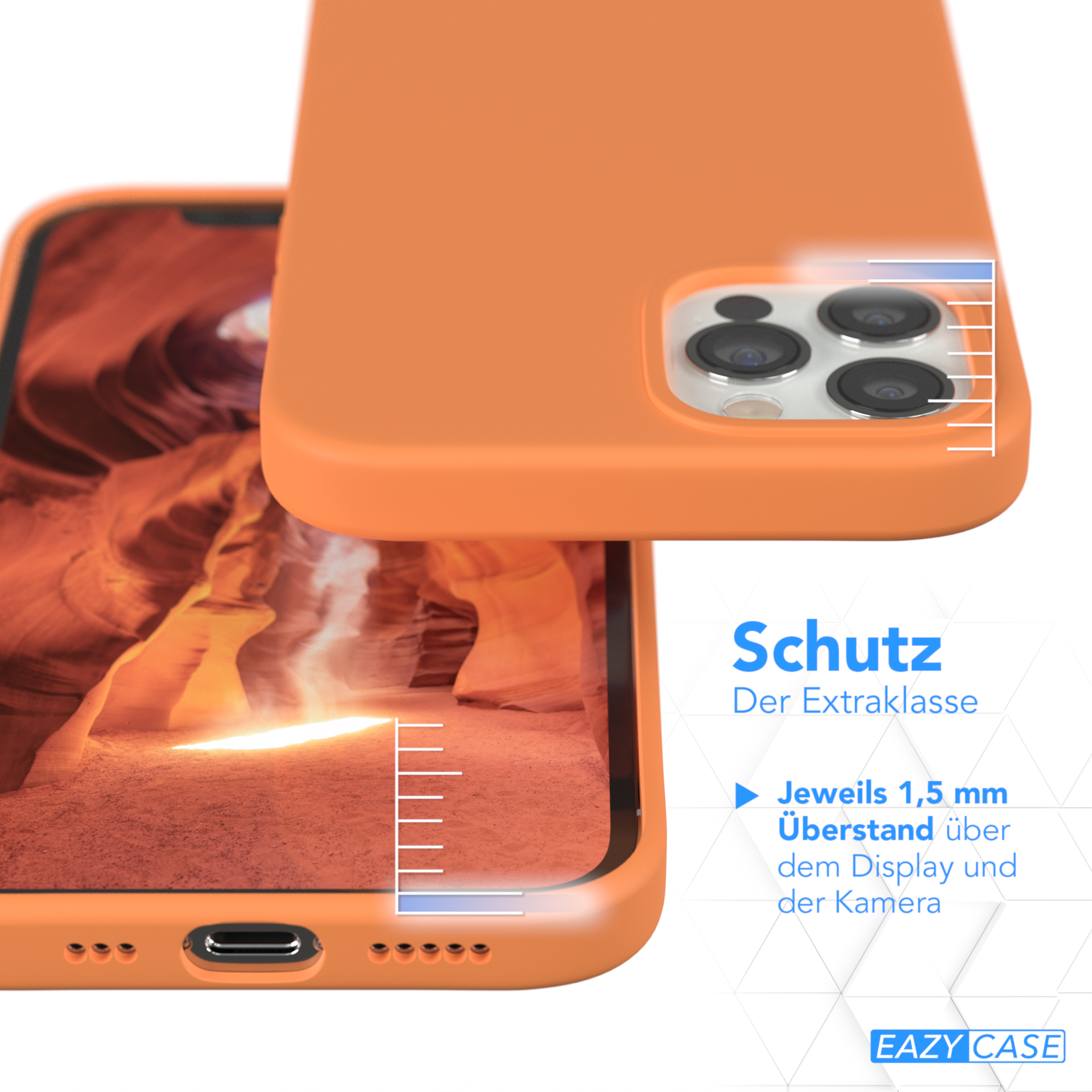 Orangefarbene Handyhülle mit Maßen. Text: Schutz Der Extraklasse. Text und Maße von 1,5 mm über Display und Kamera.