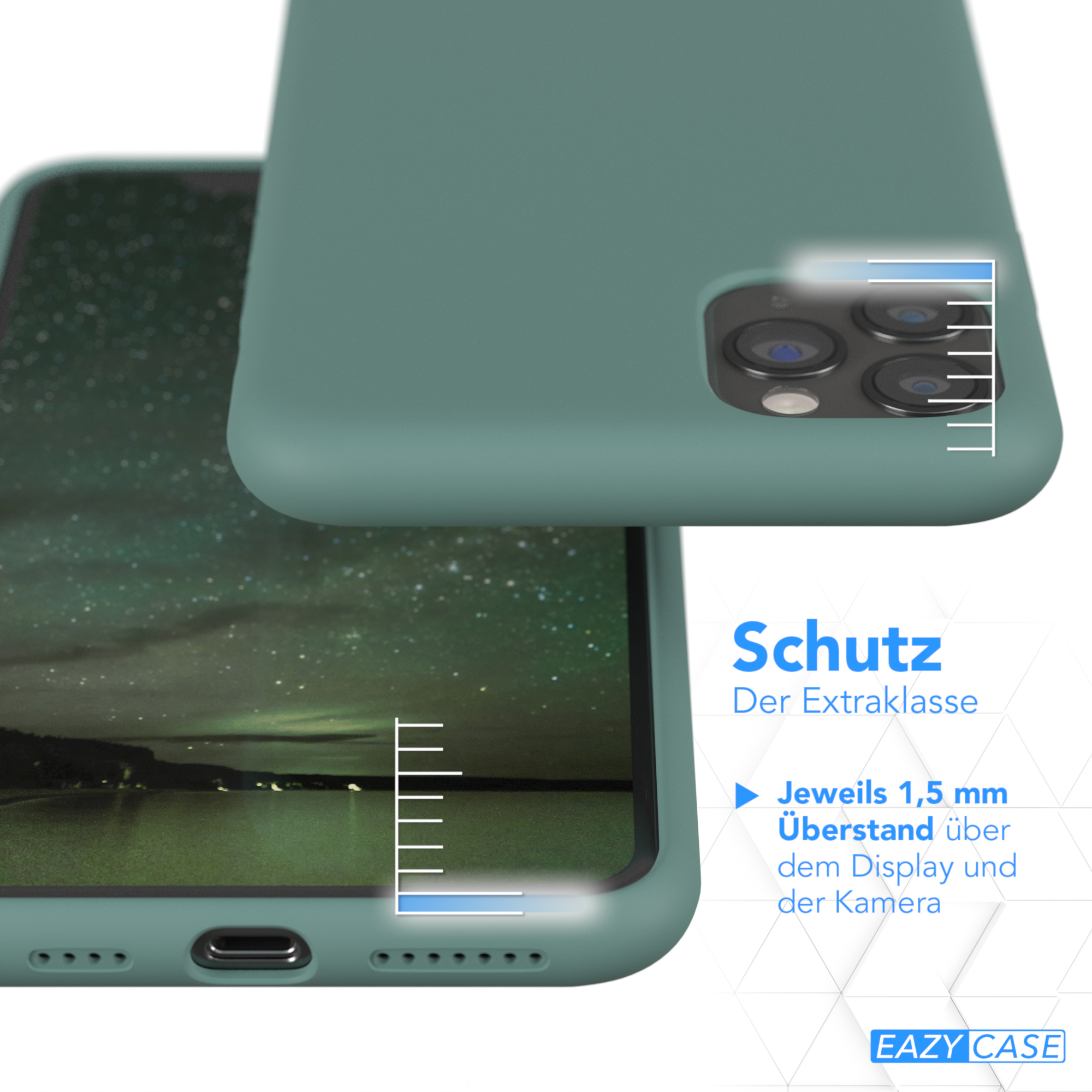 Grüne Handyhülle auf Telefon, zeigt Bildschirm- und Kameraschutz.