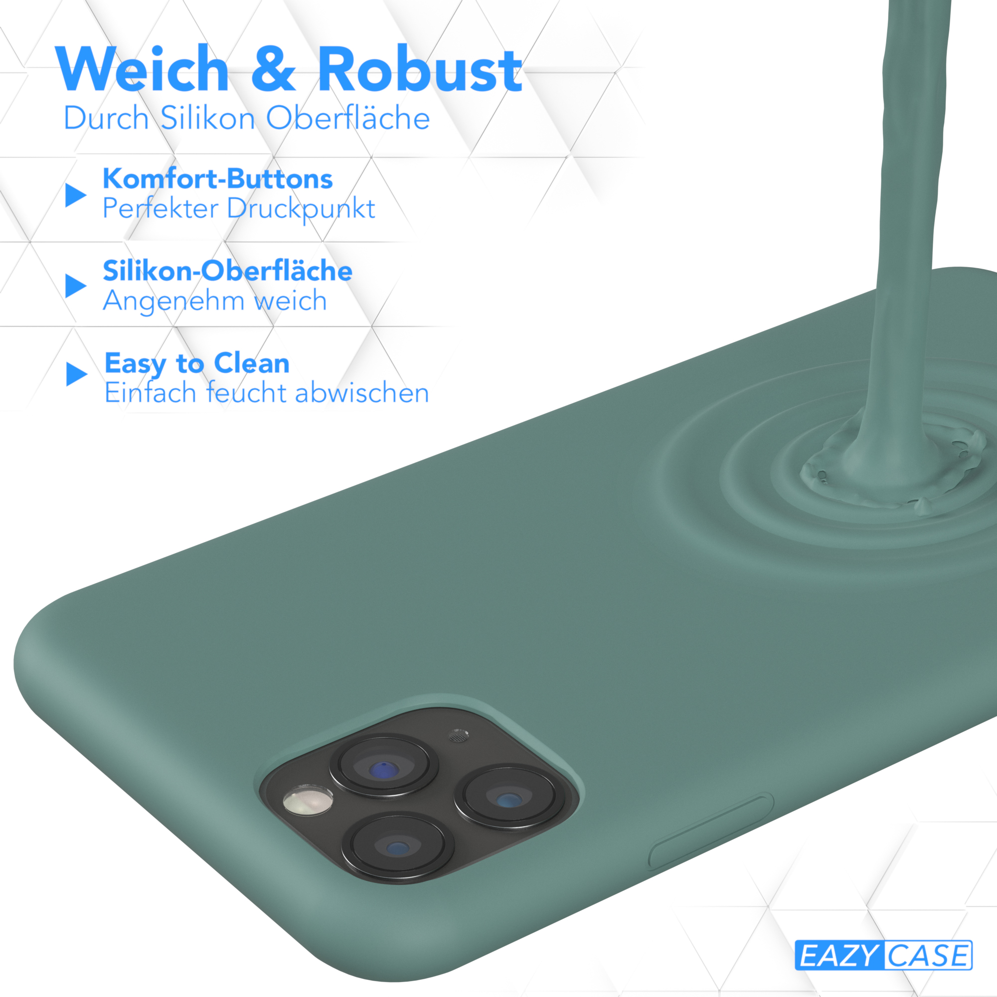 Eine tealfarbene Handyhülle mit Telefon, mit einer Flüssigkeit, die herunterfließt. Text: Weich & Robust, Easy to Clean.
