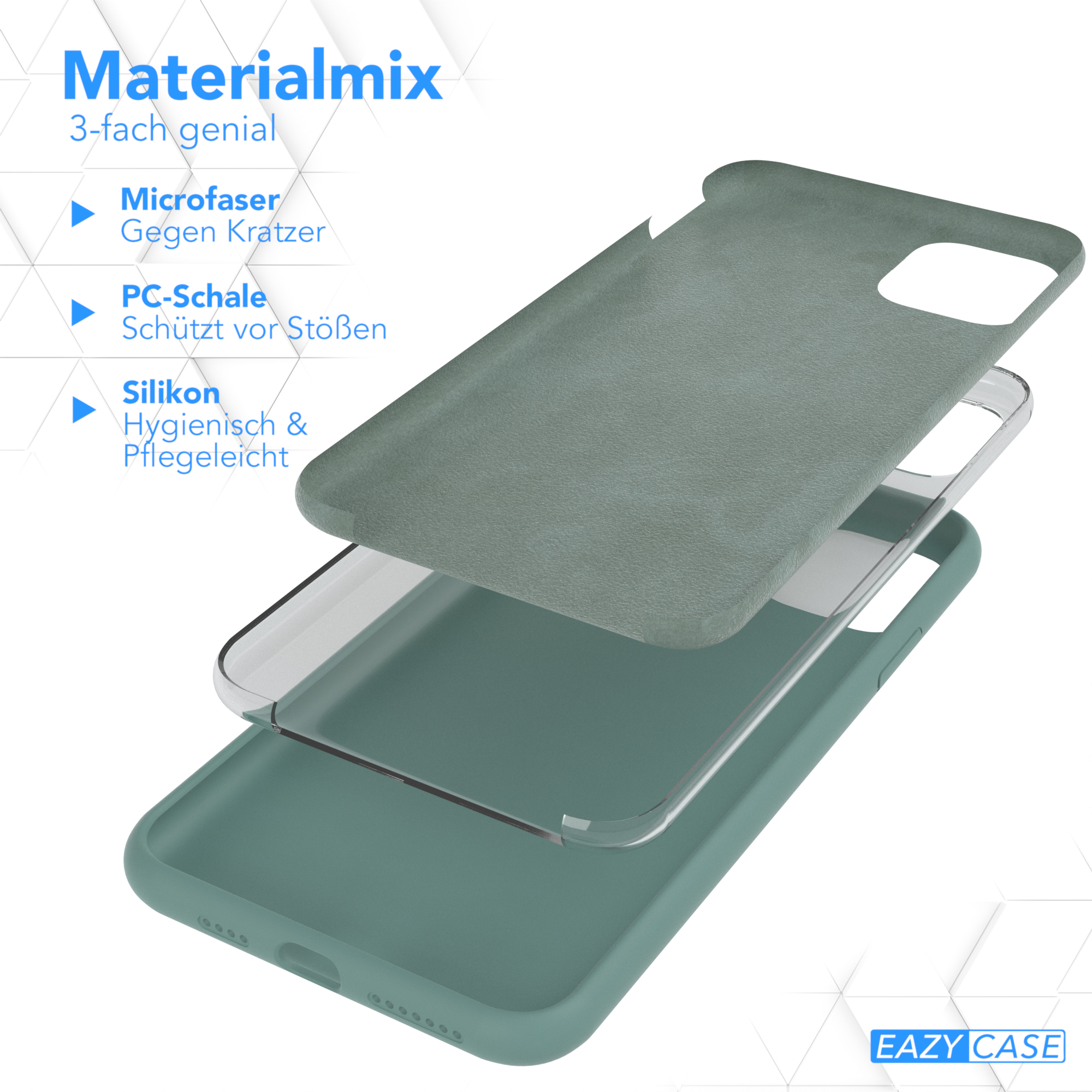 Drei Schichten eines Handycases. Die Schichten sind grün, klar und grün.