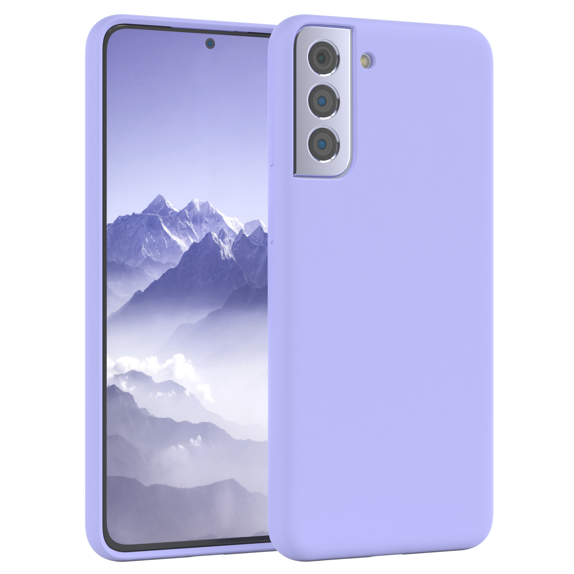 Lila Handyhülle und Telefon mit Bildschirm, der ein Telefon zeigt. Weißer Hintergrund.