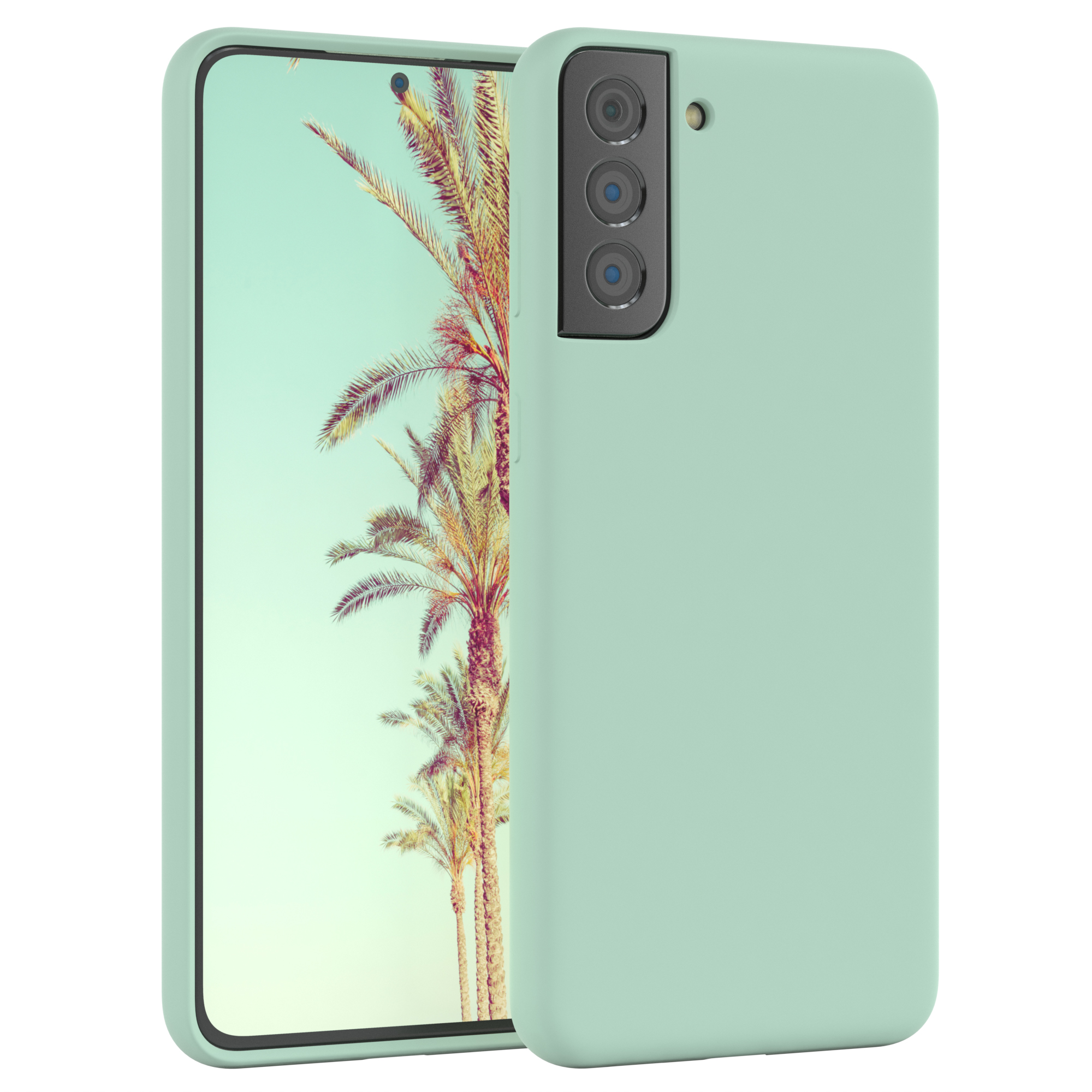 Mintgrünes Telefon mit Hülle, zeigt eine Palmen-Szene. Die Hülle ist mintgrün.