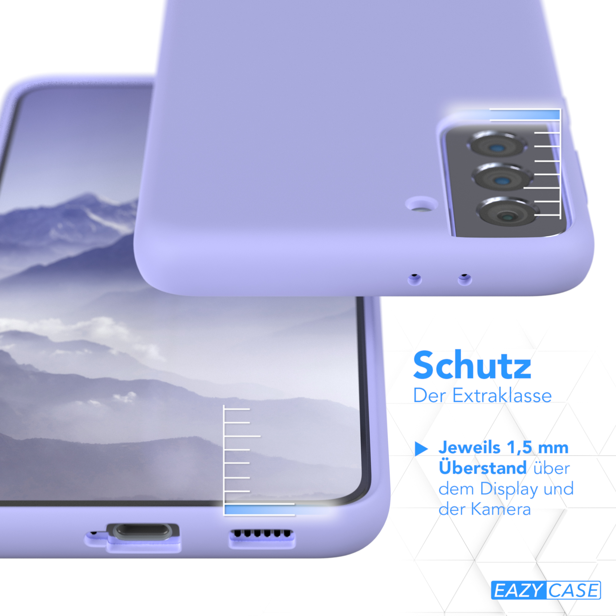 Lila Handyhülle über dem Telefon, zeigt Kamera- und Bildschirmschutz. Enthält grafischen Text.