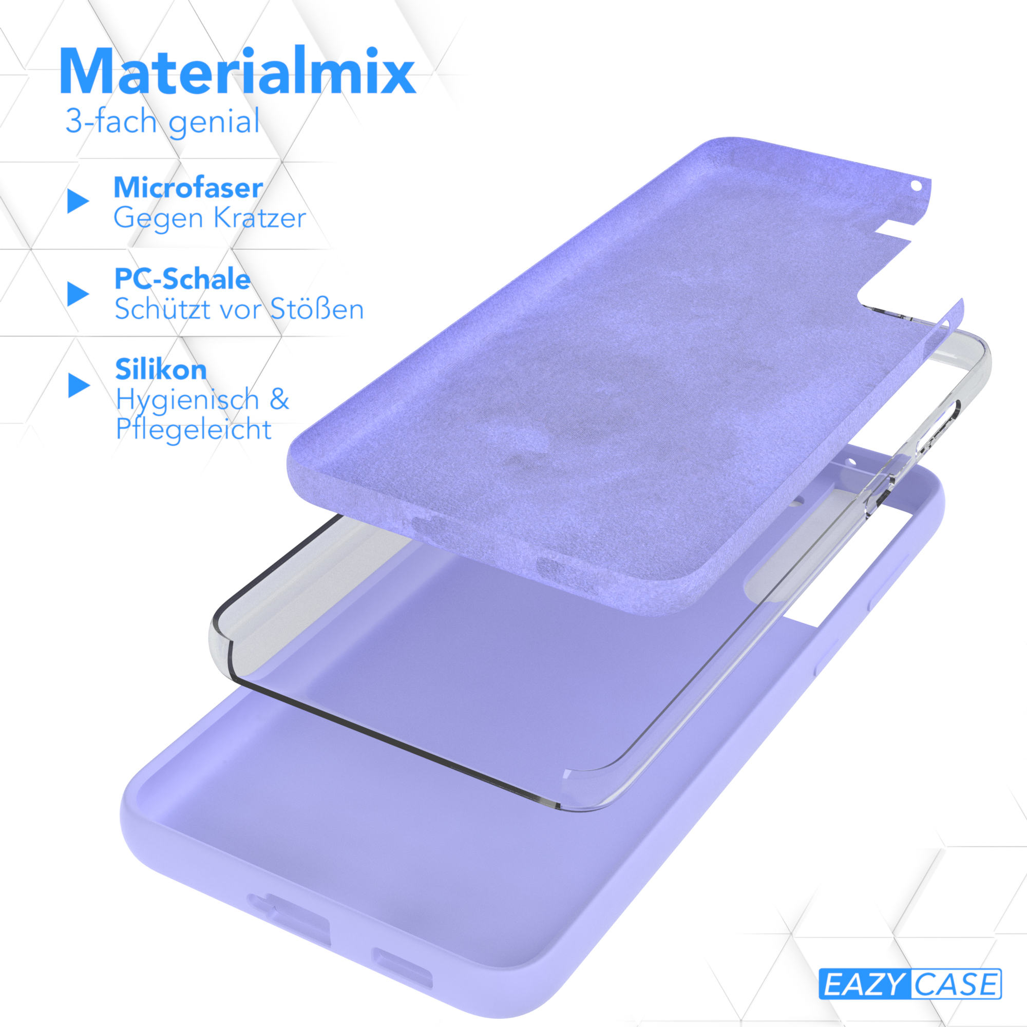Lila geschichtete Handyhülle mit Textbeschriftungen. Schichten umfassen Mikrofaser, PC-Schale und Silikon.