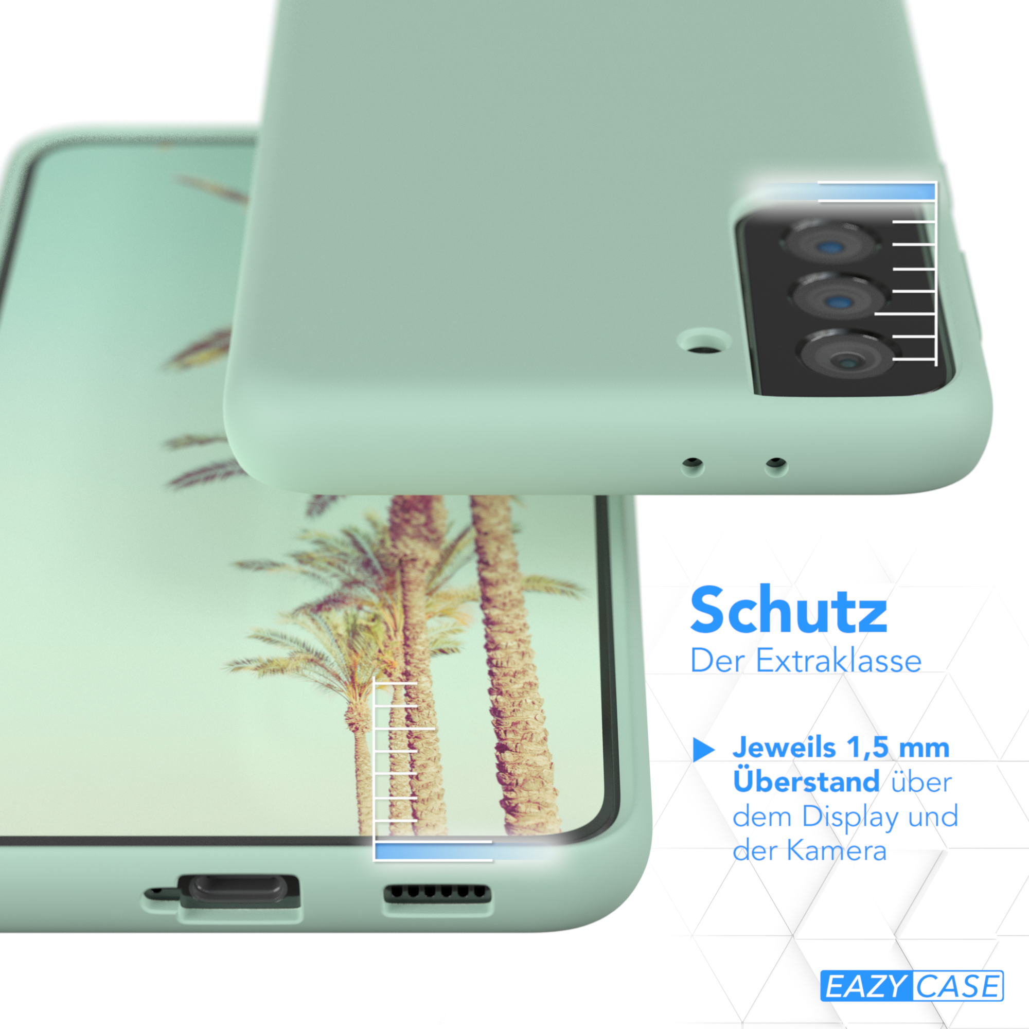 Minzgrüne Handyhülle mit weißen Linien, zeigt Kamera- und Displayschutz. EAZY CASE Logo.