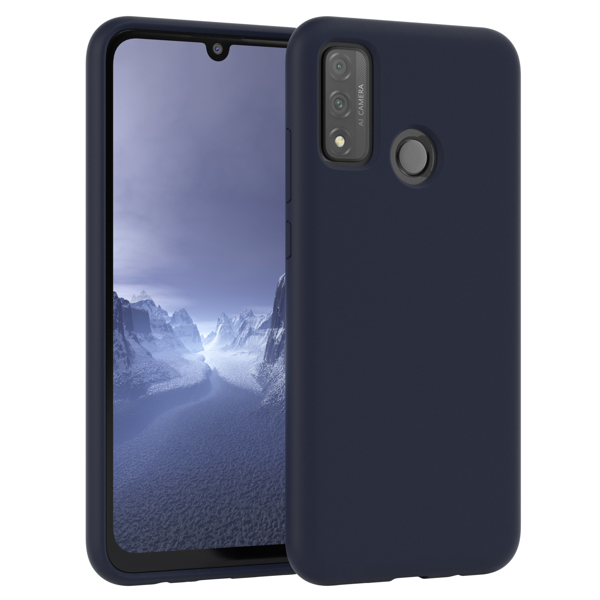 Dunkelblaue Handyhülle mit einem Telefon, das einen bewölkten Himmel zeigt.