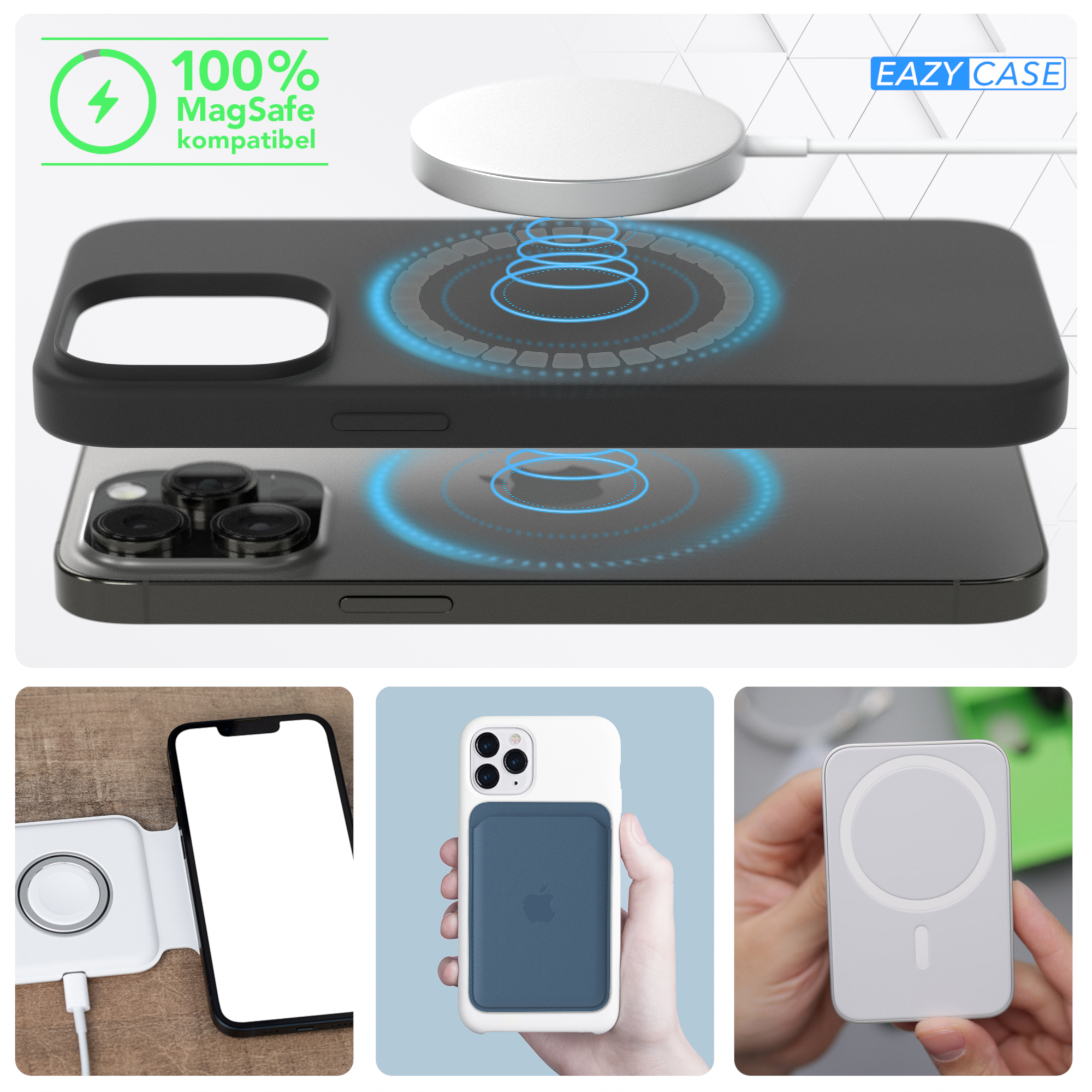 Telefonhülle mit MagSafe, weiße Ladestation, Telefon und MagSafe-Geldbörse.