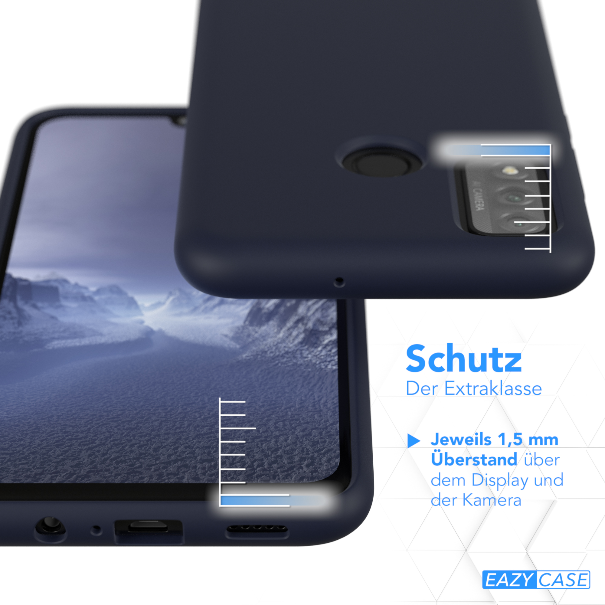 Marineblaue Handyhülle mit Telefon, zeigt Details zum Kameraschutz.