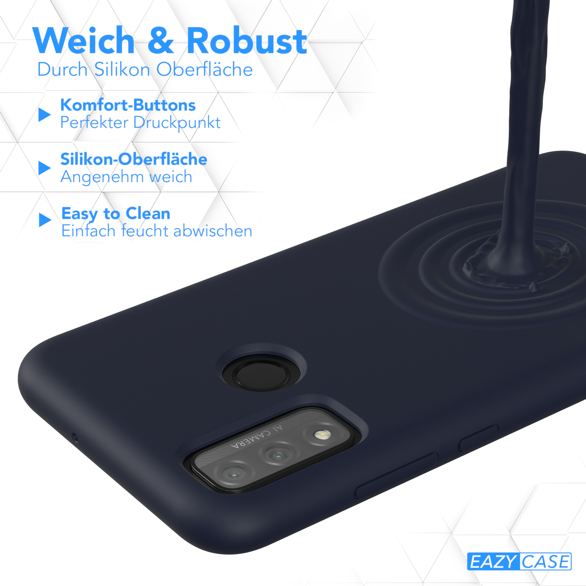 Eine marineblaue Handyhülle mit einem Telefon darin. Flüssigkeit wird auf die Hülle gegossen.