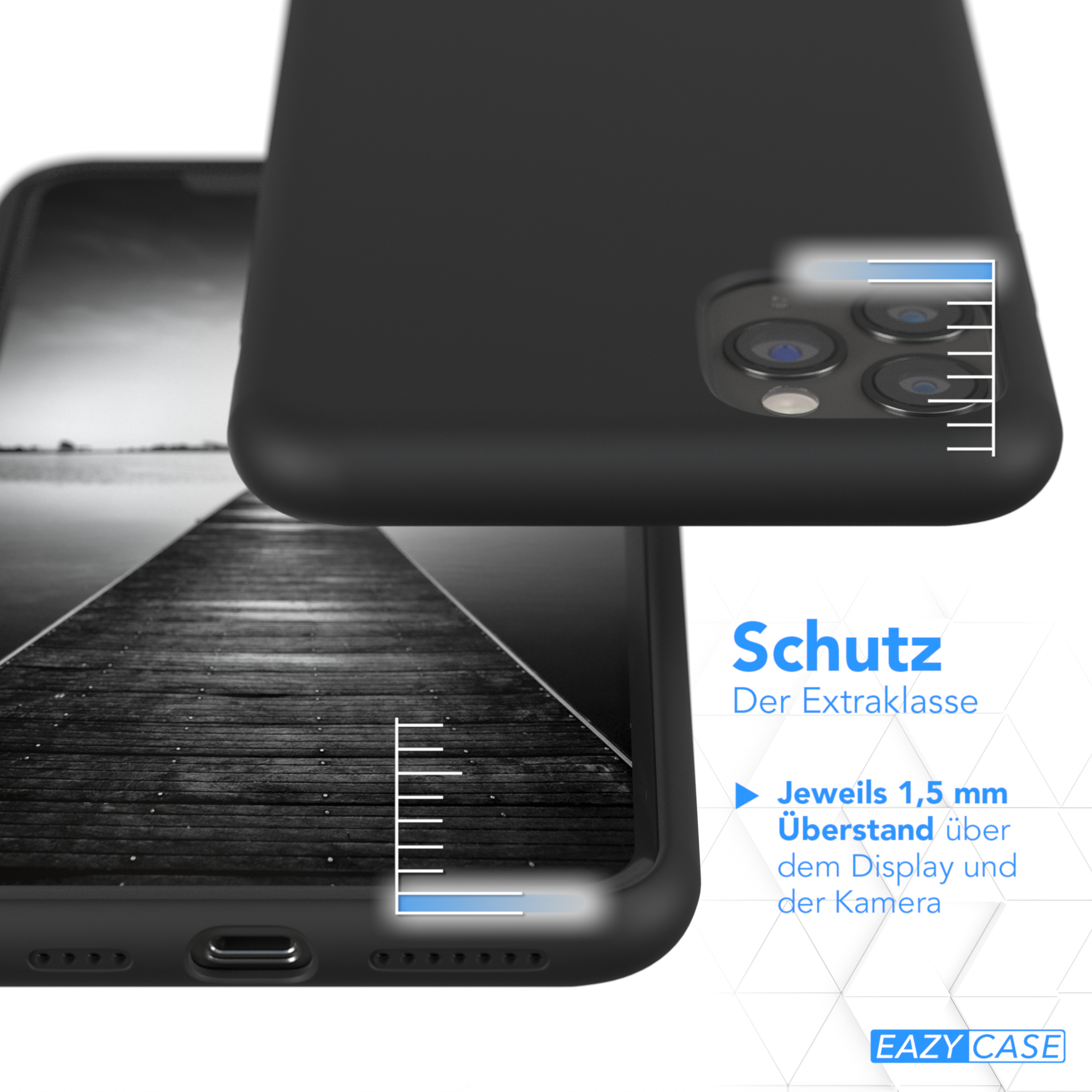Schwarze Handyhülle mit Telefon, Bildschirm und erhöhten Kanten. Der Hintergrund ist eine Brücke.