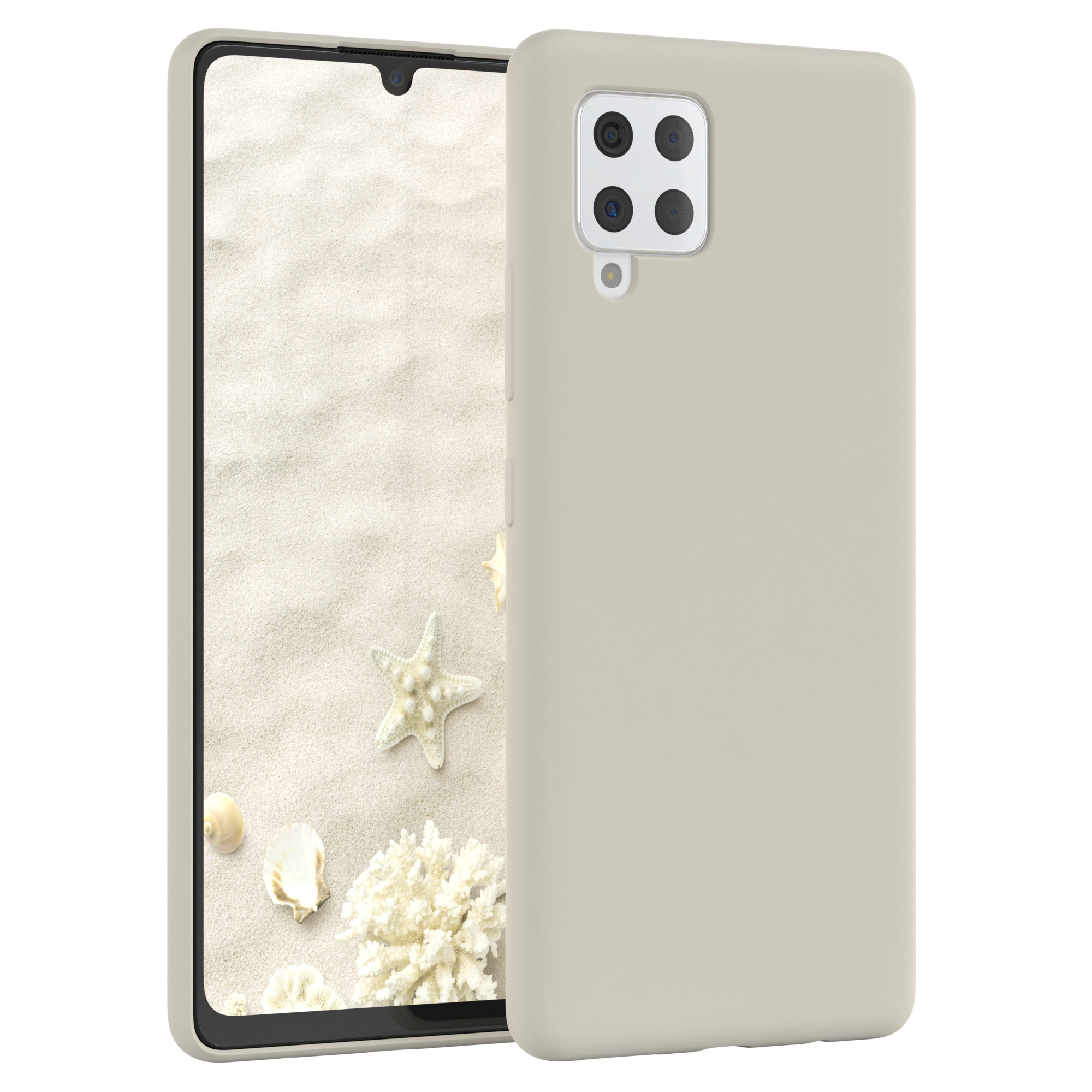 Beige Handyhülle mit Telefon darin, das eine Strandszene mit Muscheln und Seesternen anzeigt.