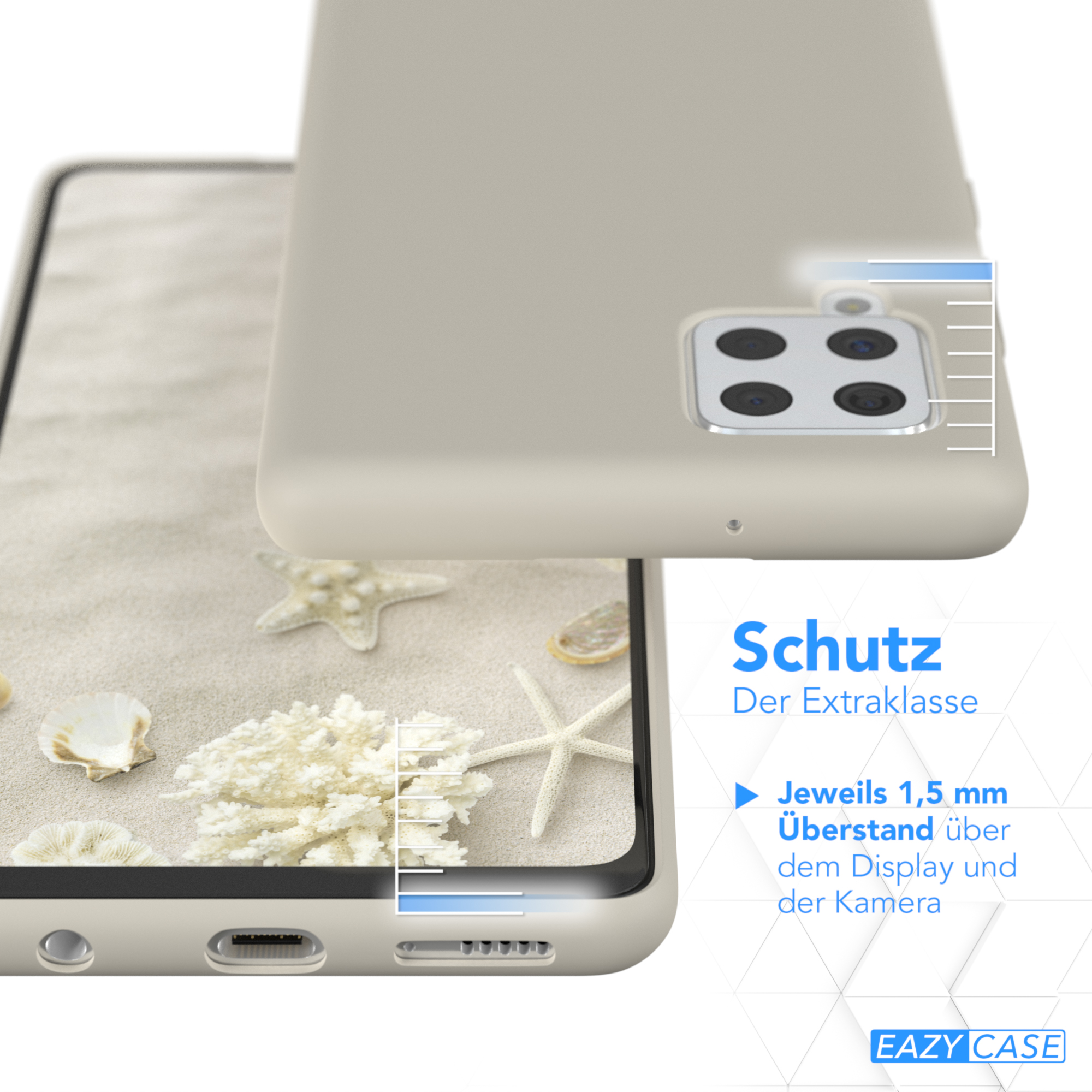 Zwei Telefone, Sand, Seesterne, Muscheln. Eines in einer Hülle, das andere sichtbar.