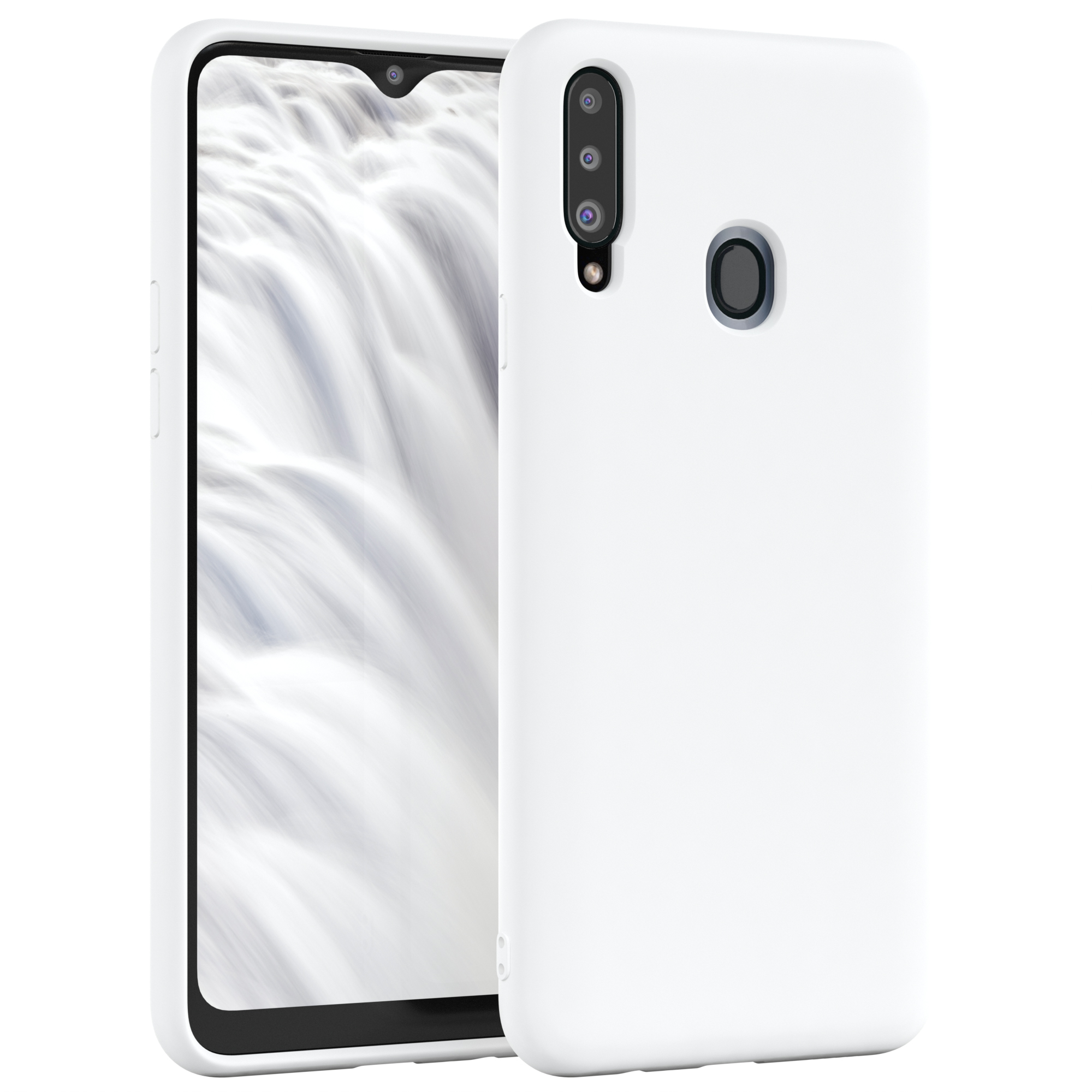 Weiße Handyhülle auf einem Handy mit einem verschwommenen Bild. Der Hintergrund ist weiß.