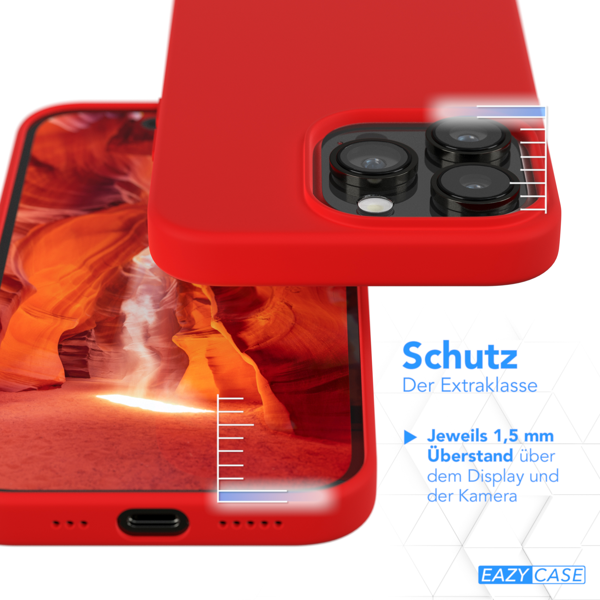 Rote Handyhülle über einem Telefon. Die Hülle hat eine Schutzschicht und gibt den Schutzgrad an.