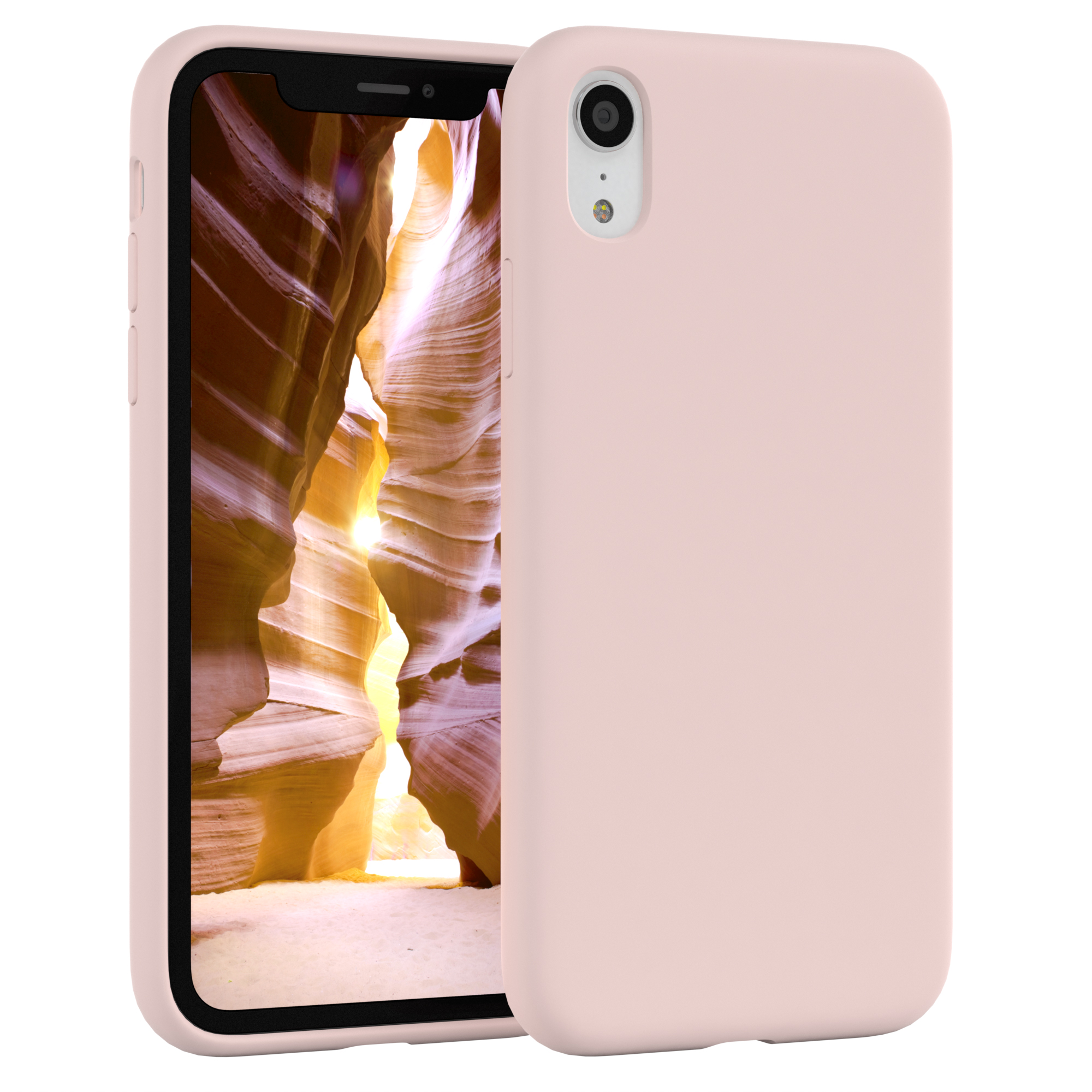 Zwei Telefone mit einer rosa Handyhülle auf weißem Hintergrund. Ein Telefon ist offen.