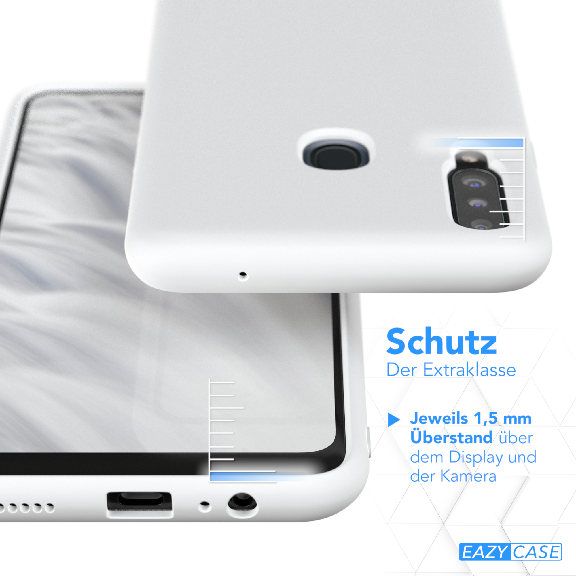 Nahaufnahme einer weißen Handyhülle mit einem Telefon darin. Die Hülle schützt das Telefon.