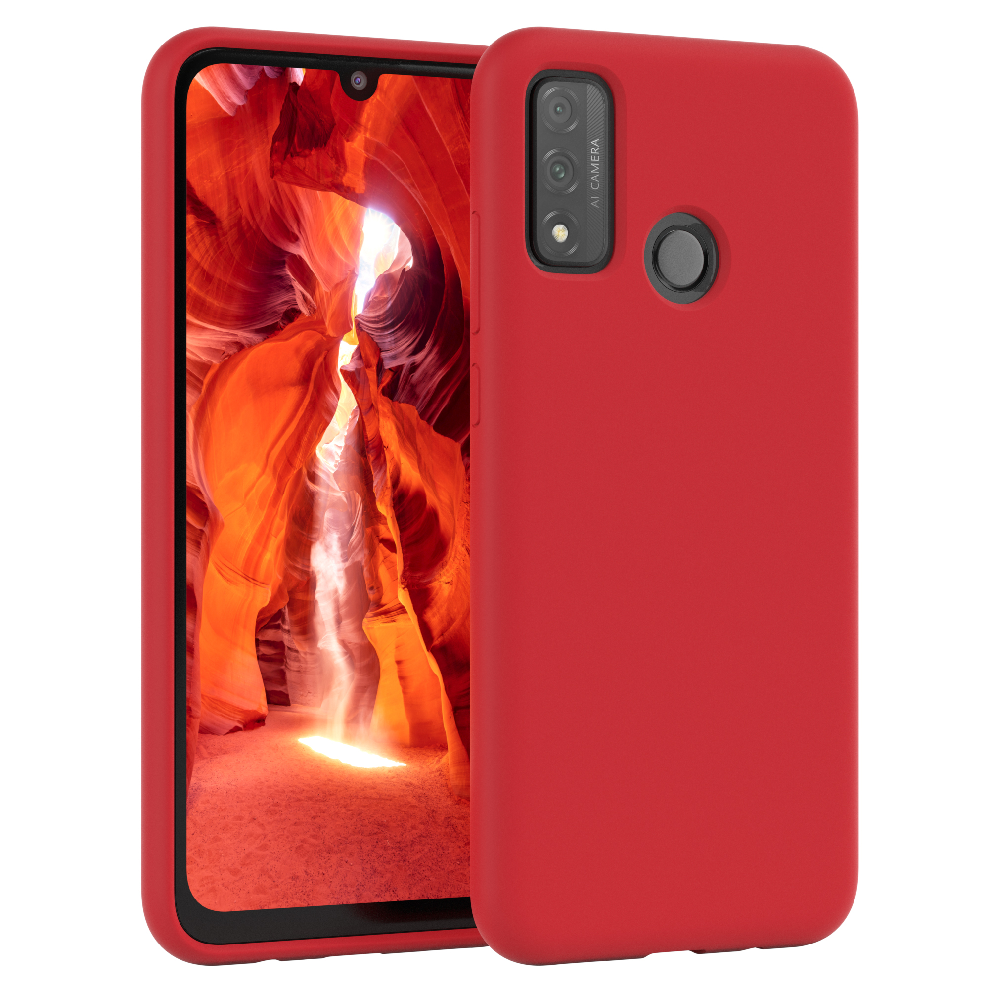 Rote Handyhülle mit einem Telefon darin. Das Telefon zeigt ein Canyon-Bild.