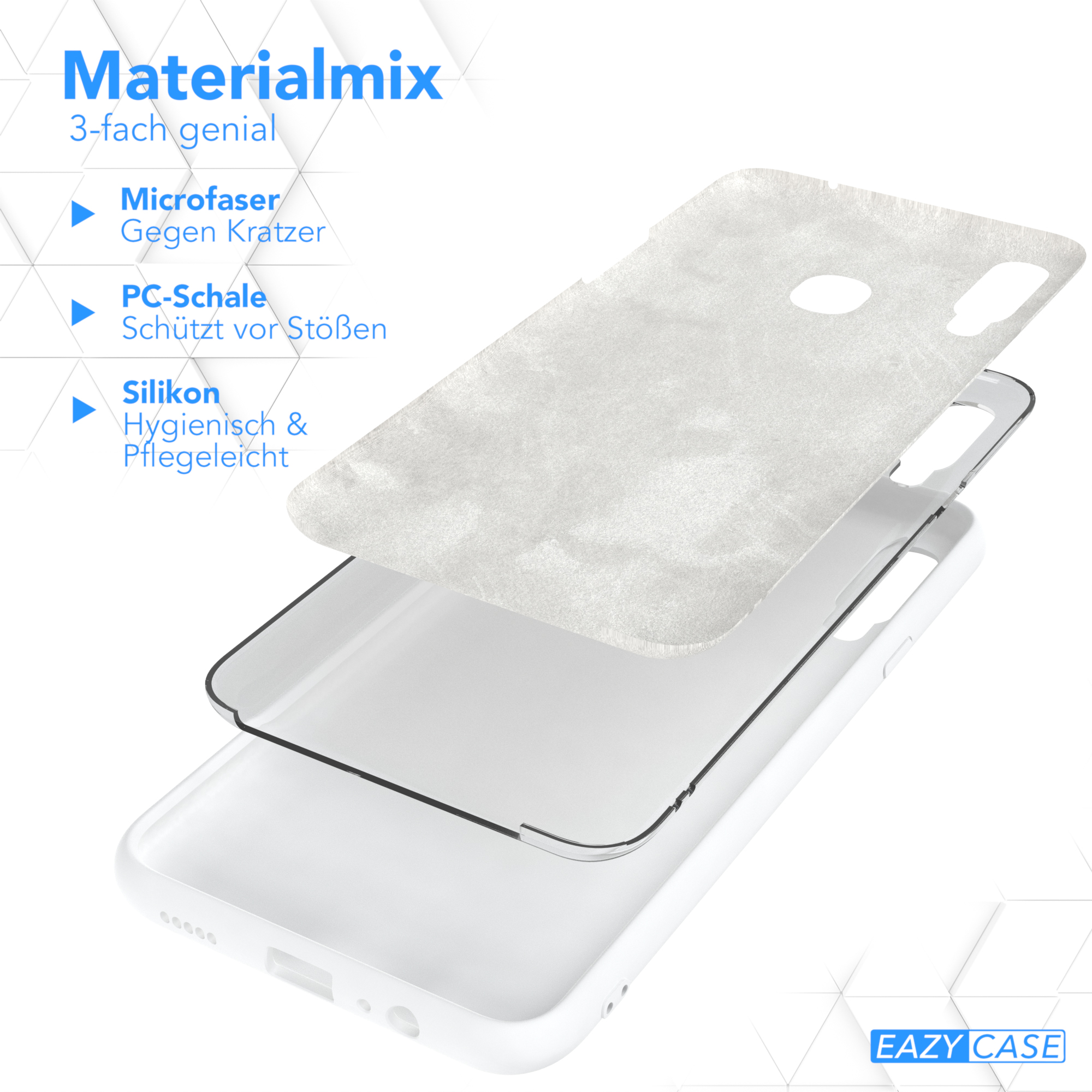 Handyhüllen-Schichten: Mikrofaser, PC und Silikon. Text: Materialmix, 3-fach genial.