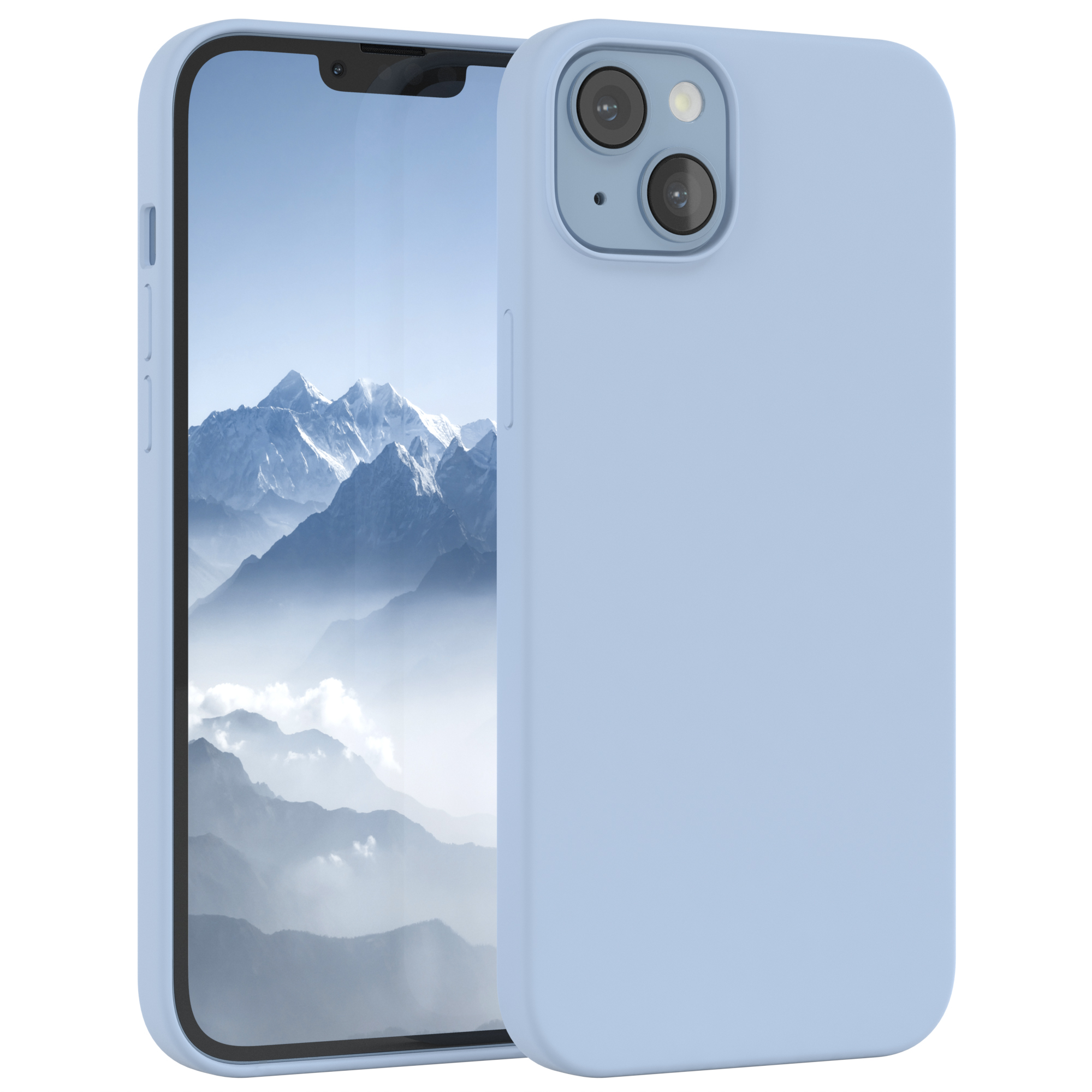Hellblaue Handyhülle. Telefon ist sichtbar, blauer Himmel Hintergrund auf dem Bildschirm.